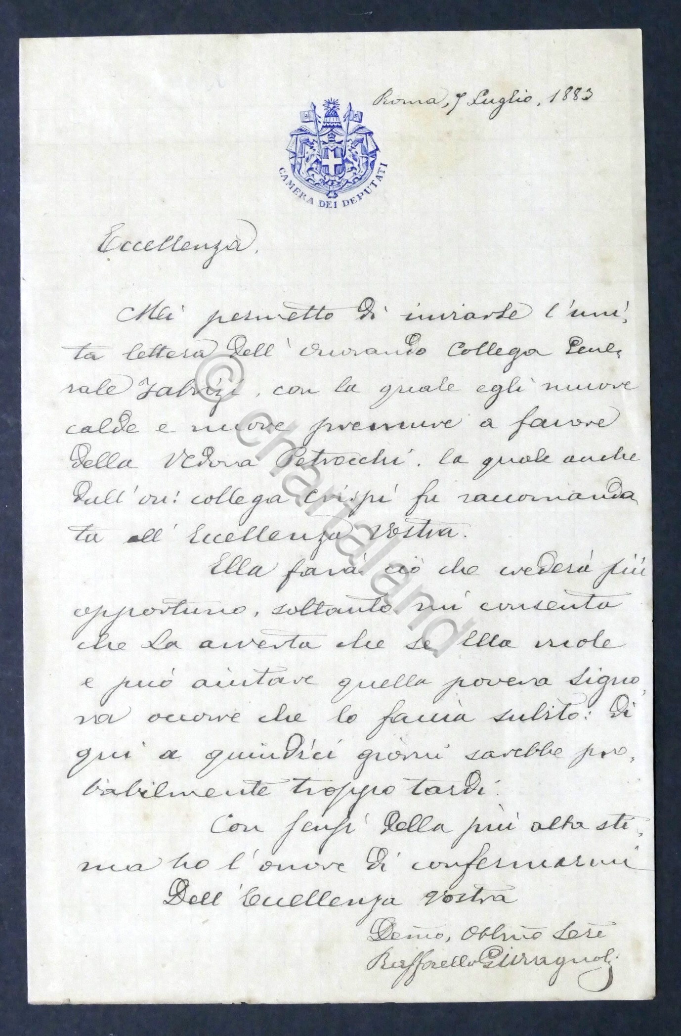 Lettera con autografo del deputato Raffaello Giovagnoli - 1883