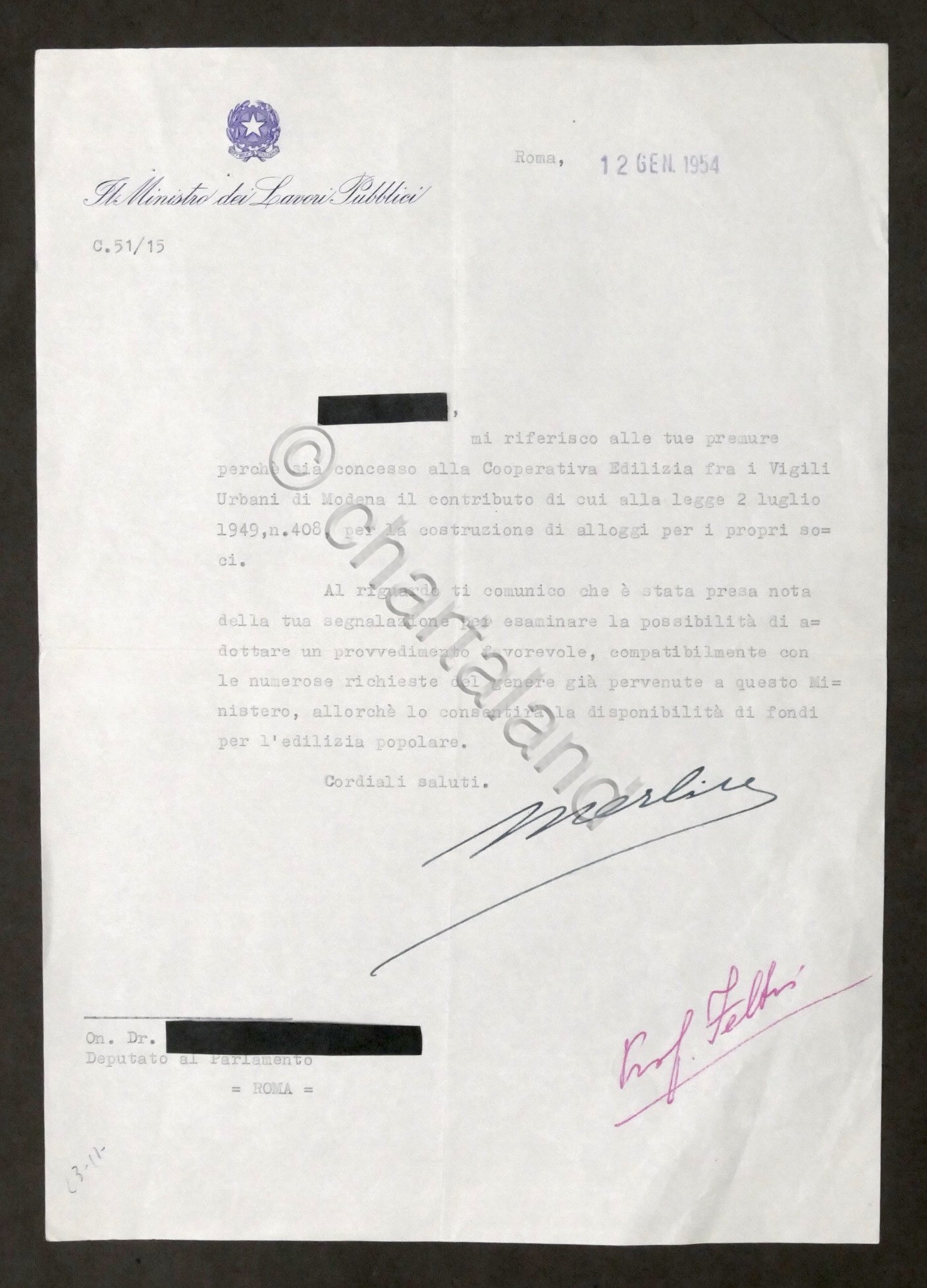 Lettera con autografo del Ministro dei Lavori Pubblici Umberto Merlin …