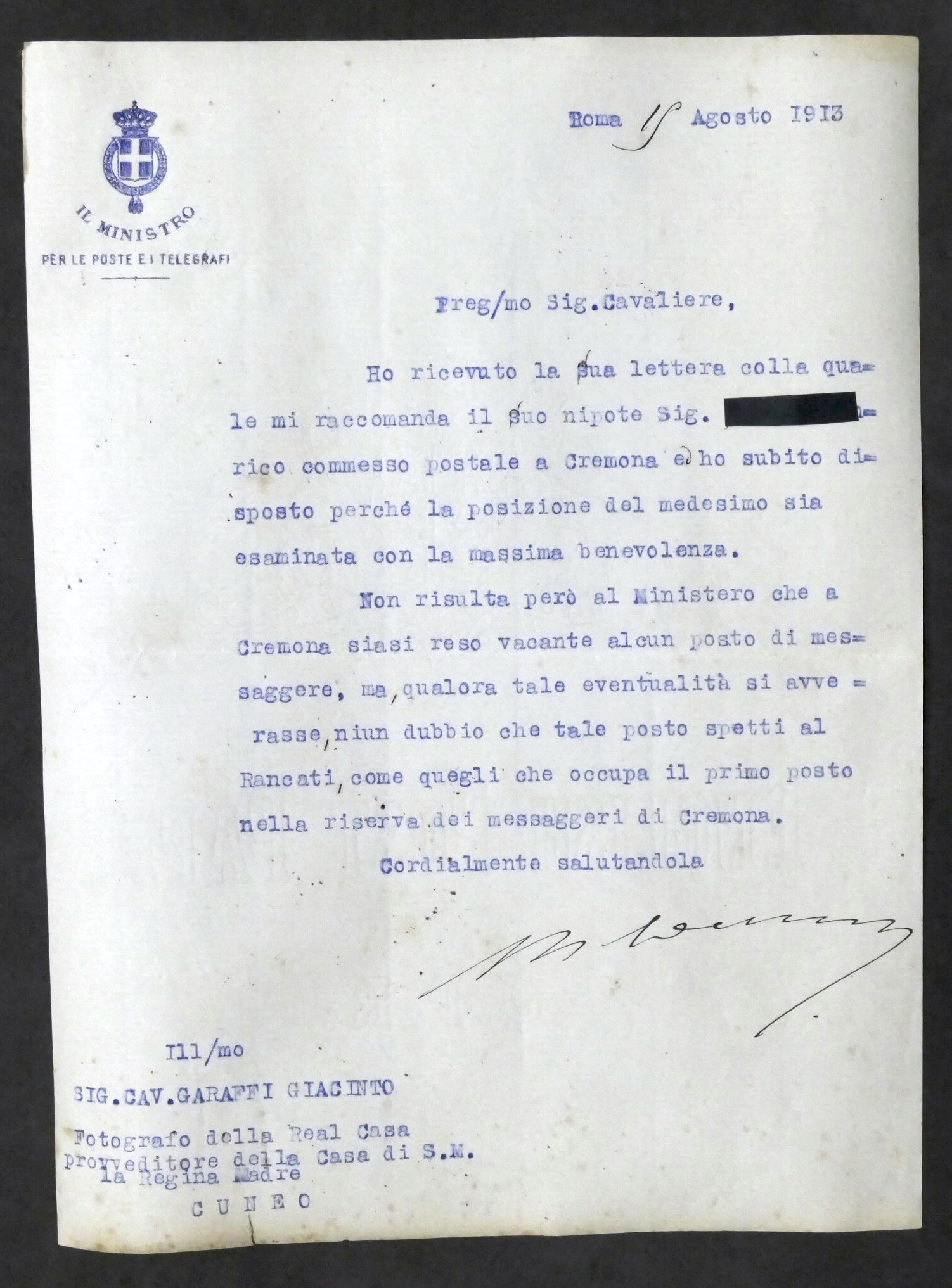 Lettera con autografo del Ministro Poste e Telegrafi Teobaldo Calissano …