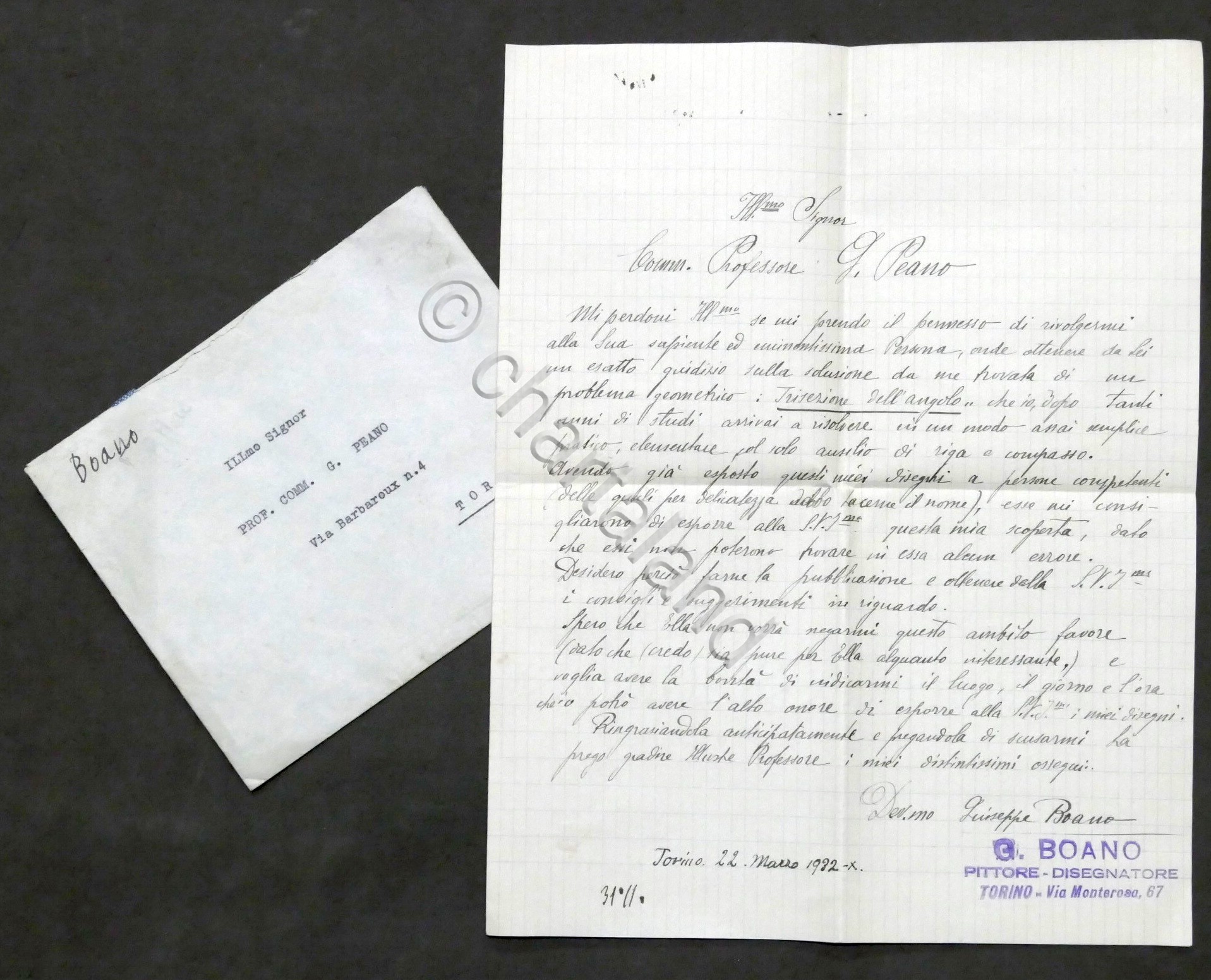 Lettera con autografo del pittore e disegnatore Giuseppe Boano - …
