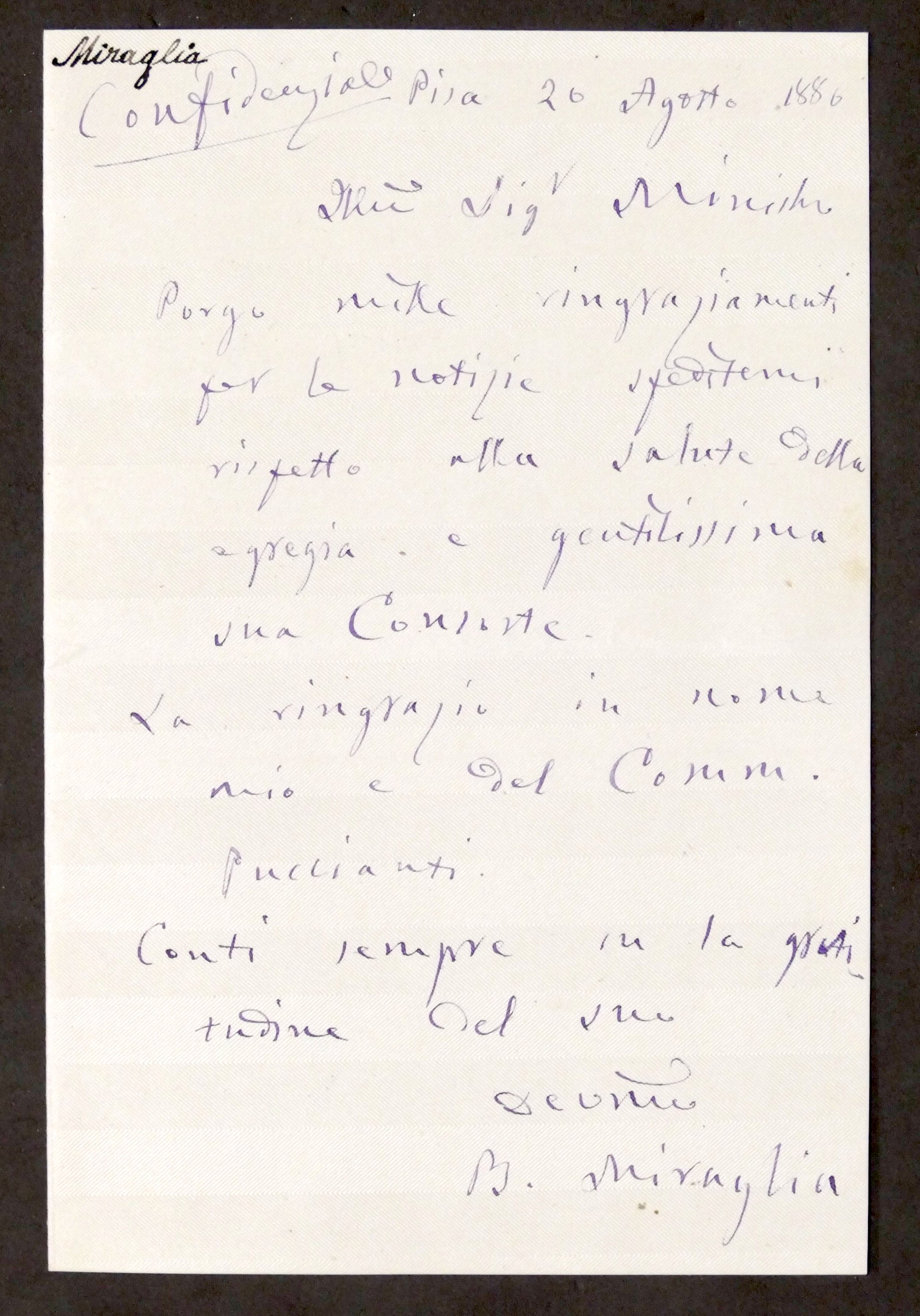 Lettera con autografo del politico B. Miraglia - 1886