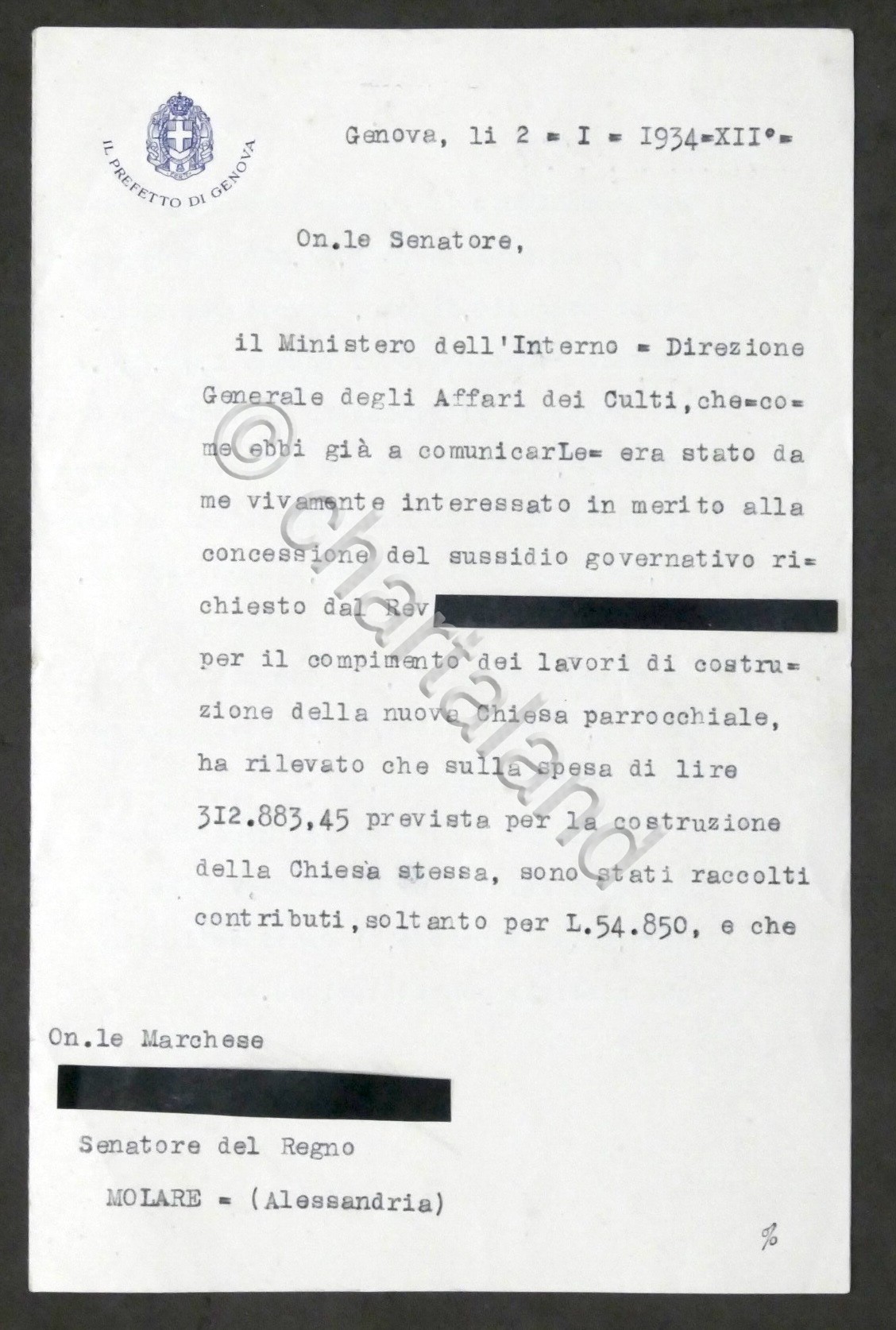 Lettera con autografo del prefetto di Genova Umberto Albini - …