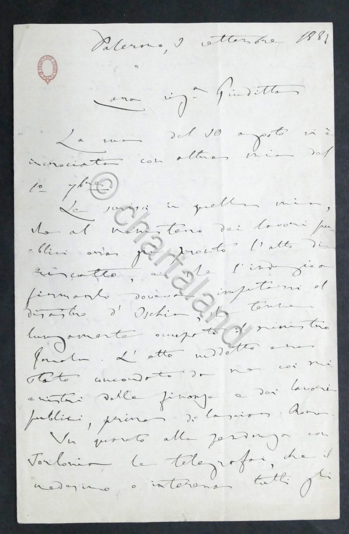 Lettera con autografo di Francesco Crispi Presidente del Consiglio - …