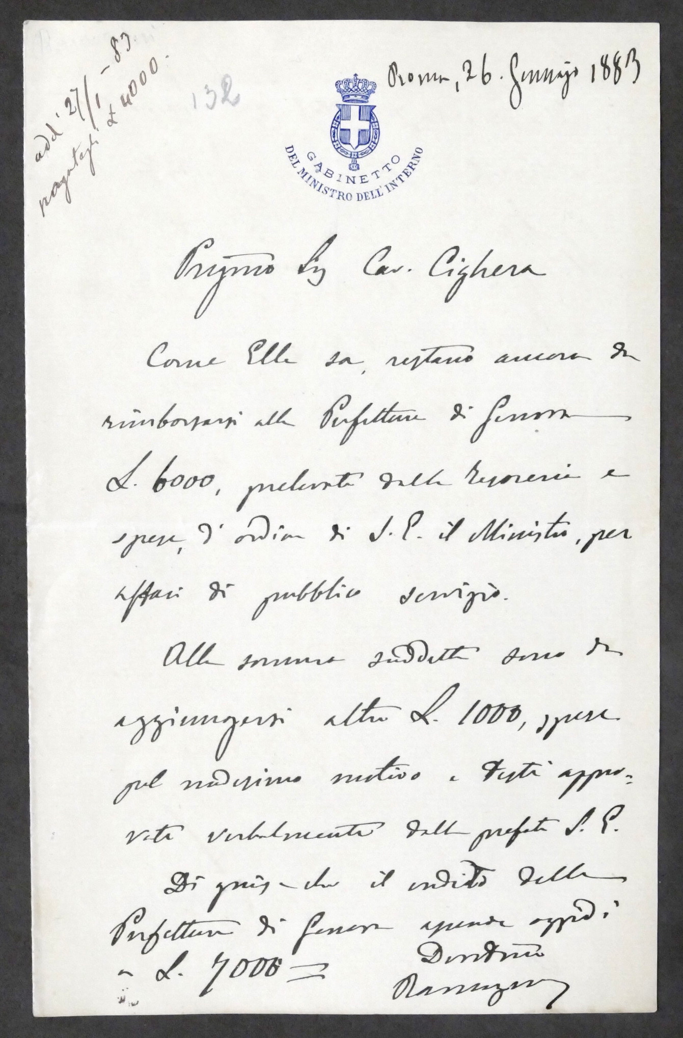 Lettera con autografo di Ramazzini Capo di Gabinetto Ministero Interno …