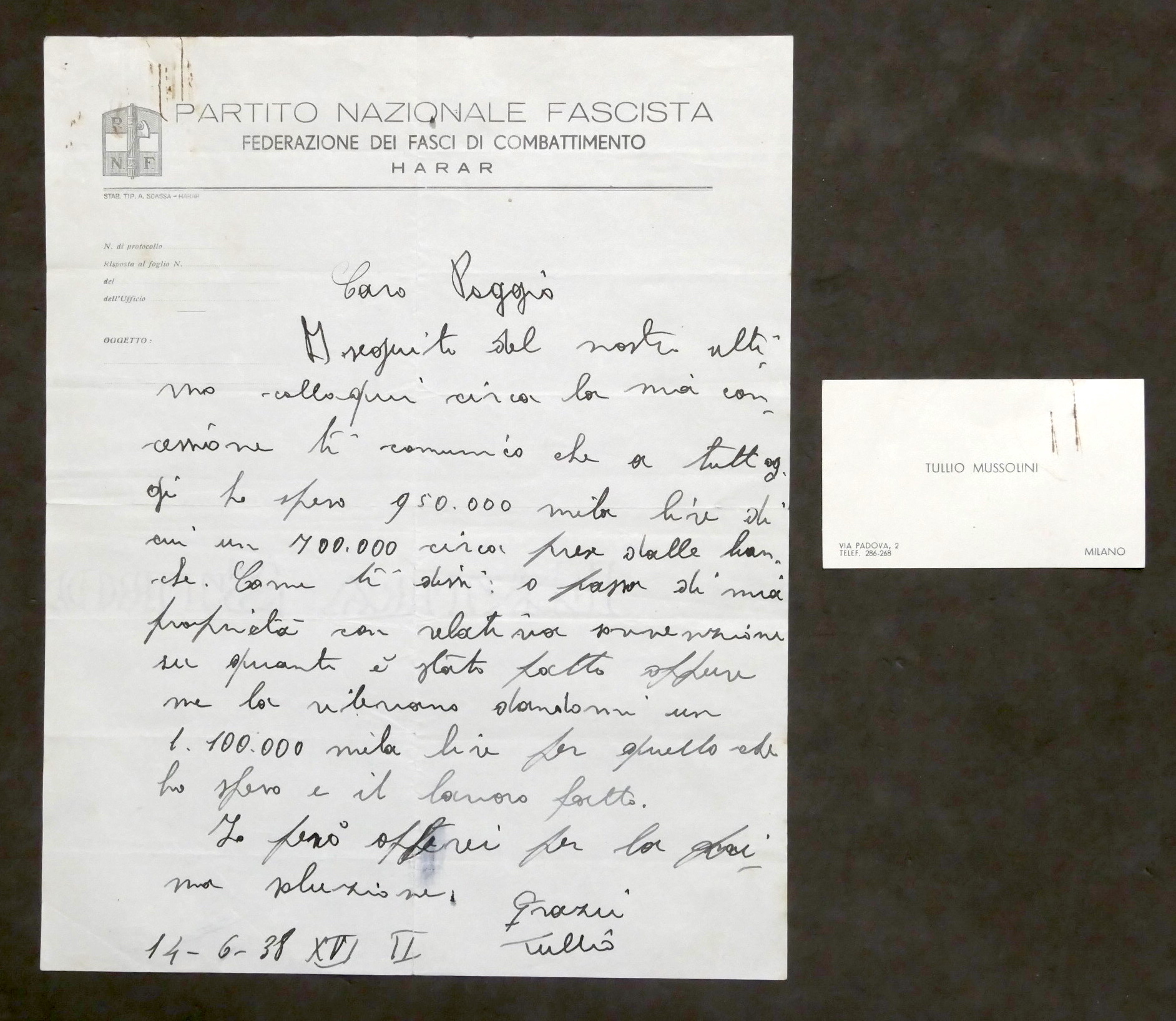 Lettera con autografo di Tullio Mussolini (cugino di Benito) - …