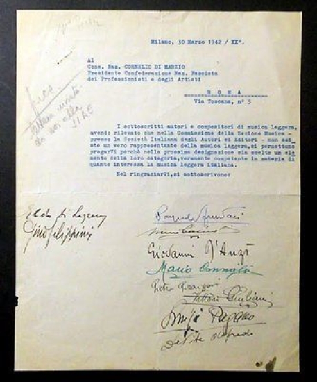 Lettera con Autografo di Giovanni D'Anzi musicista e compositore - …