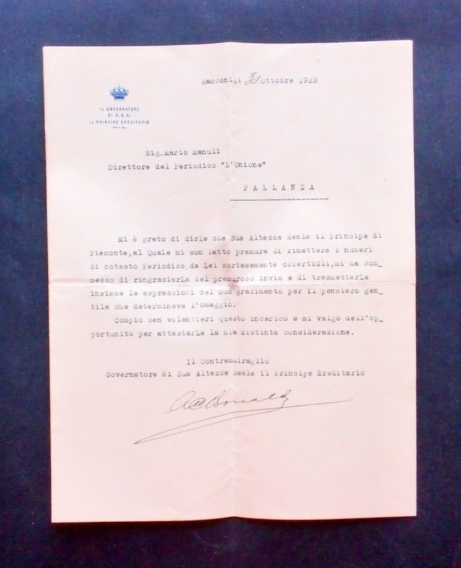 Lettera con autografoi Contrammiraglio Attilio Bonaldi a Mario Manuli - …