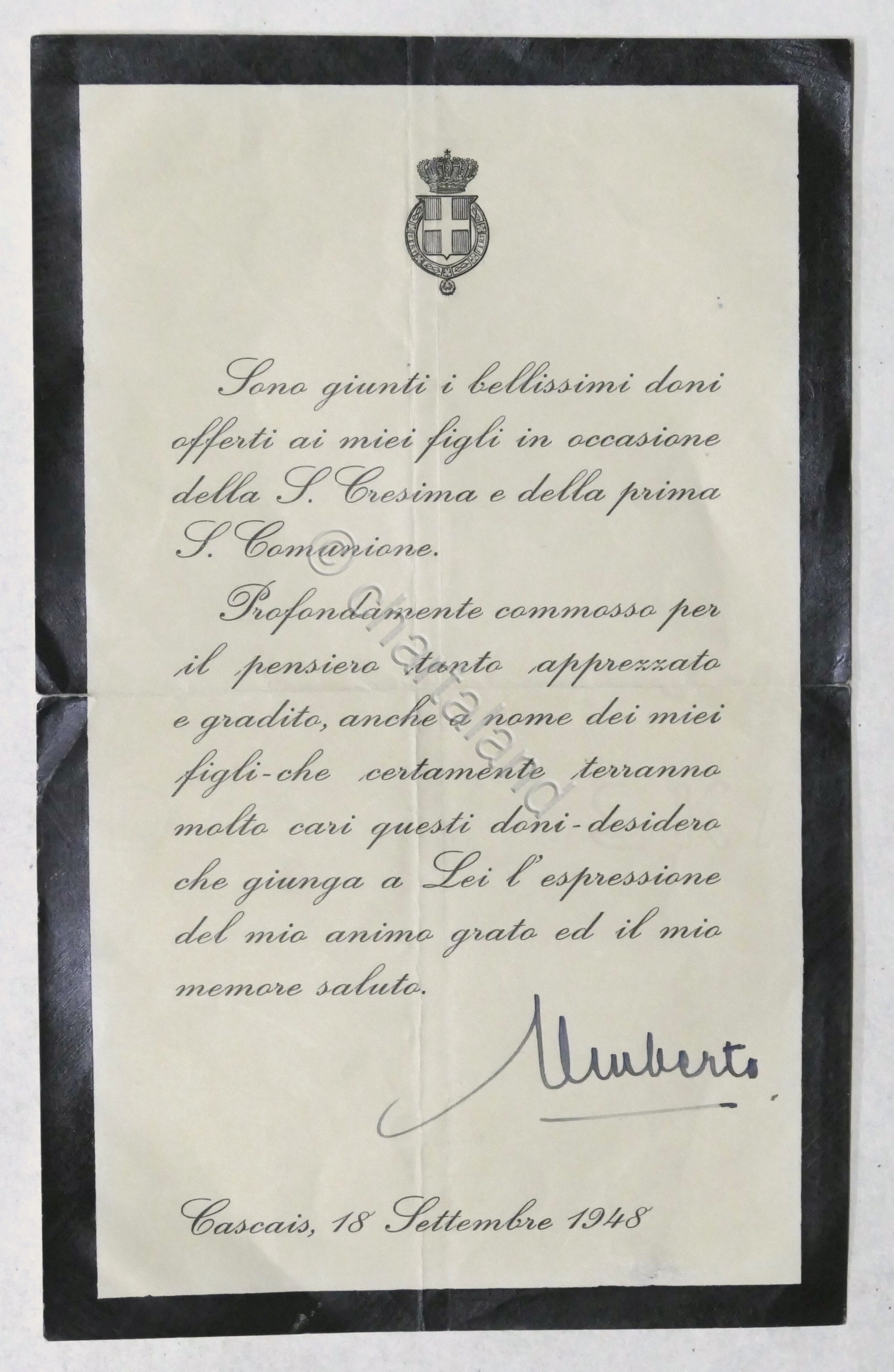 Lettera di ringraziamento con autografo di Umberto II di Savoia …