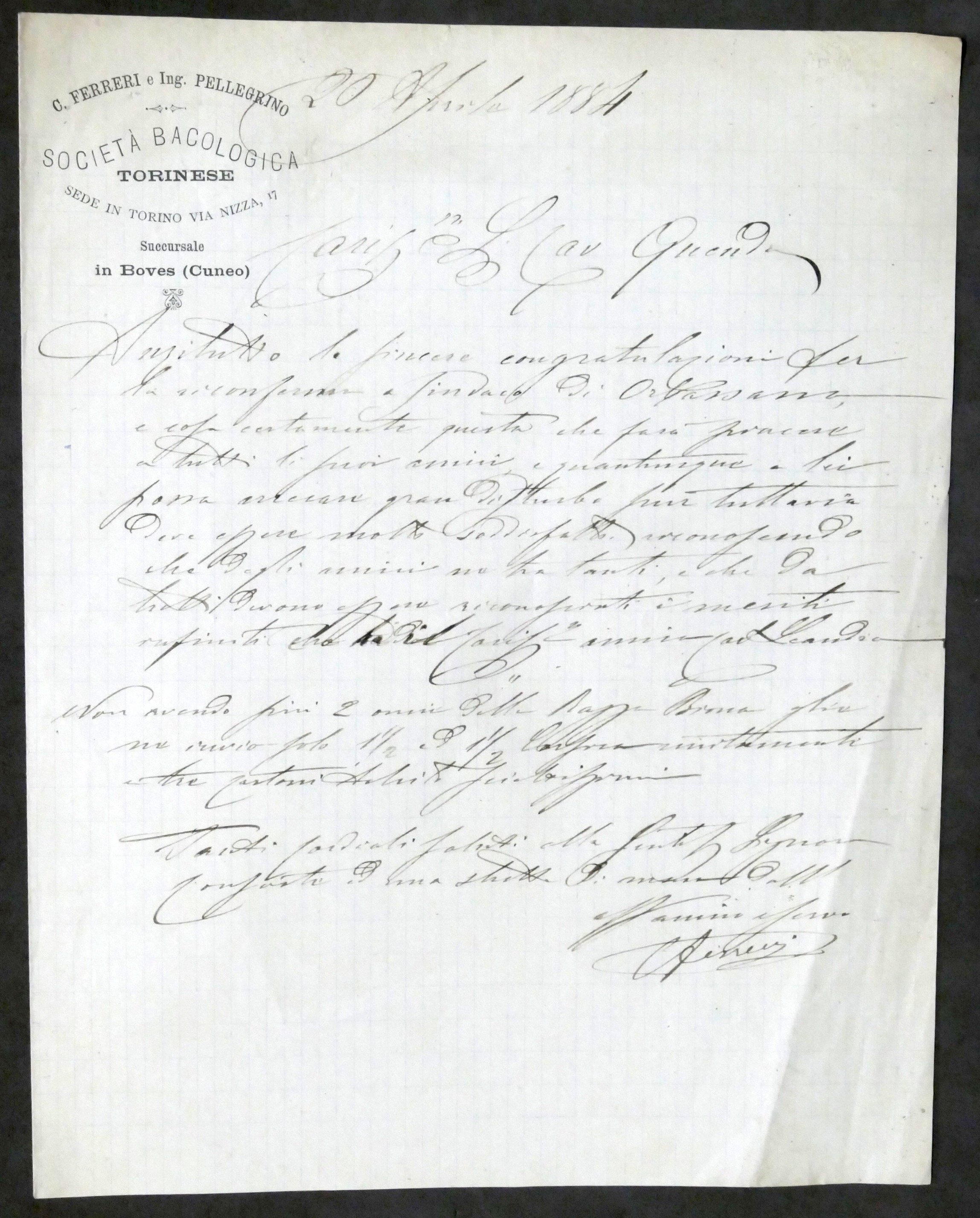 Lettera manoscritta - Società Bacologica Torinese - 1884