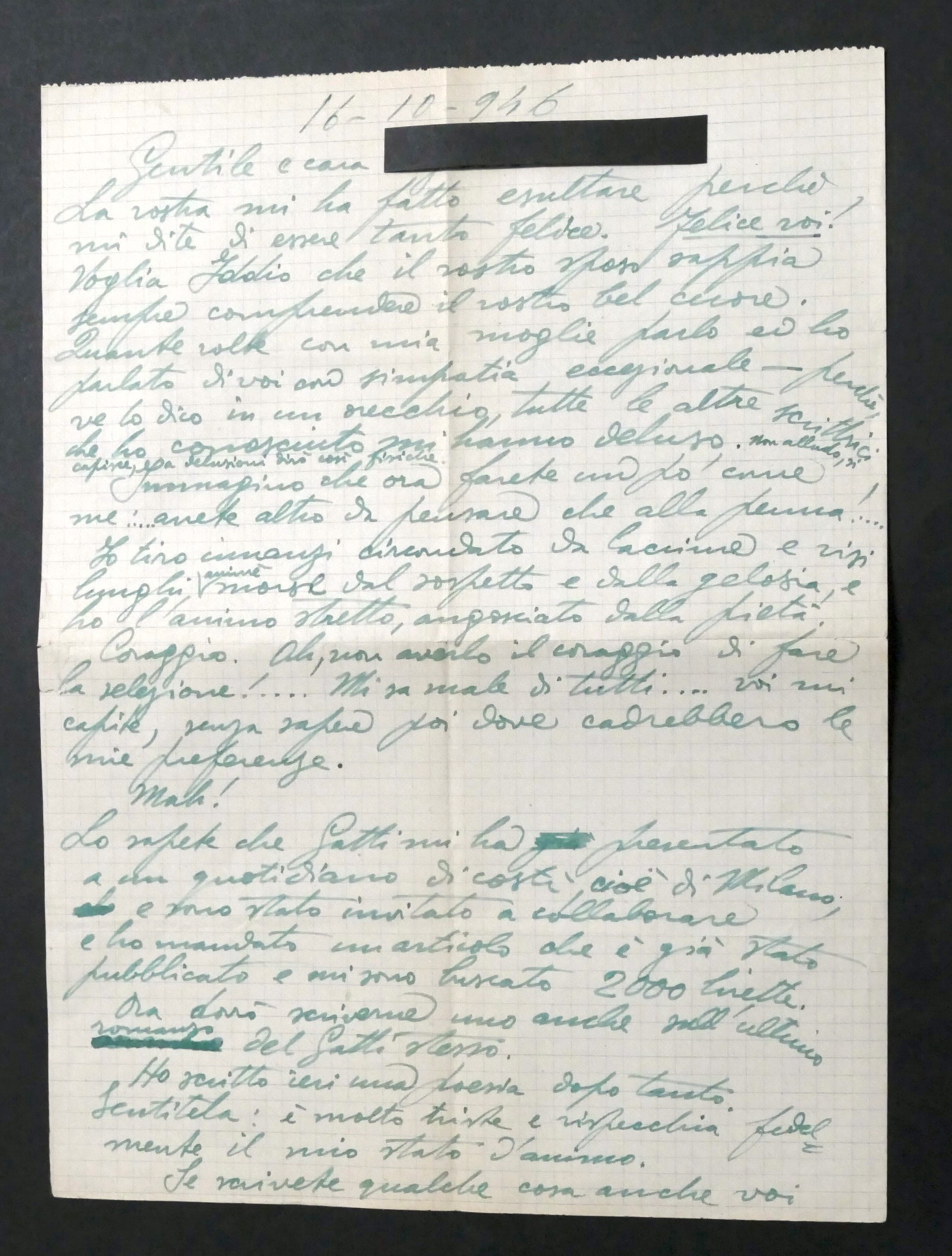 Lettera manoscritta autografo del poeta Garibaldo Alessandrini - 1946