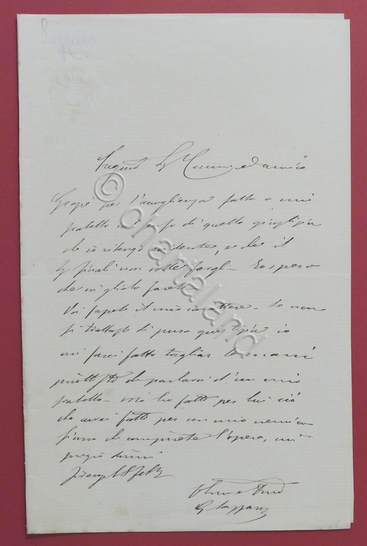 Lettera manoscritta con autografo del deputato Giuseppe Lazzaro - 1880 …