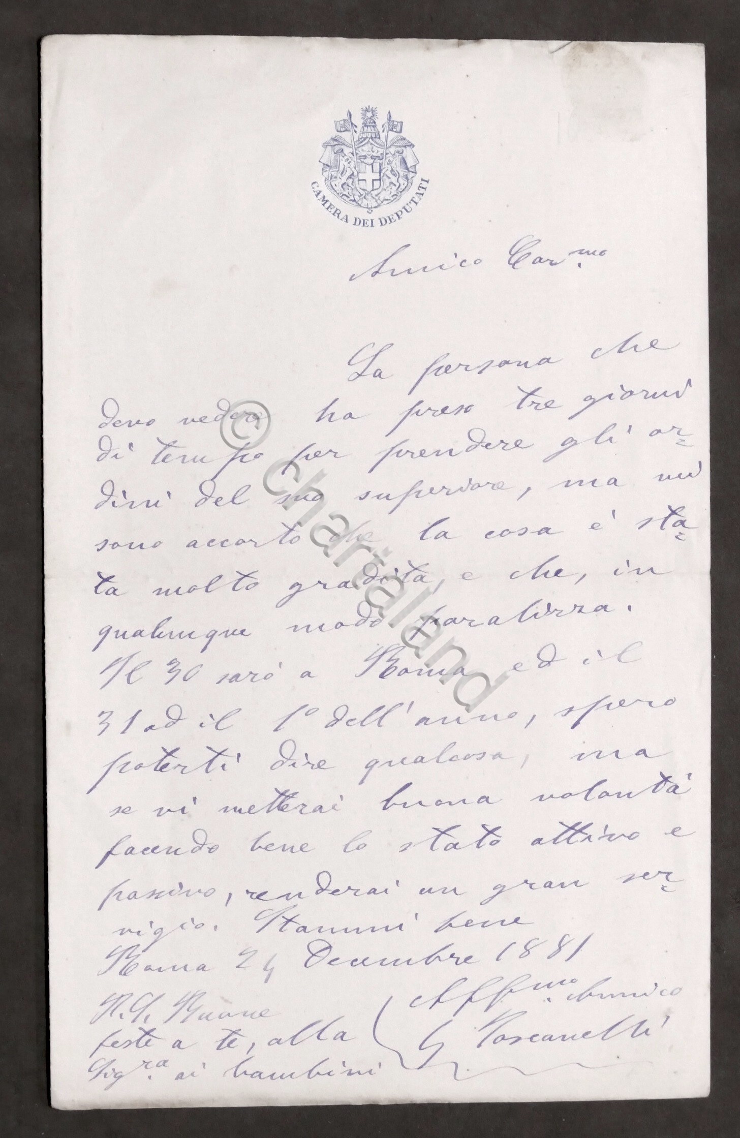 Lettera manoscritta con autografo del Politico Giuseppe Toscanelli - 1881