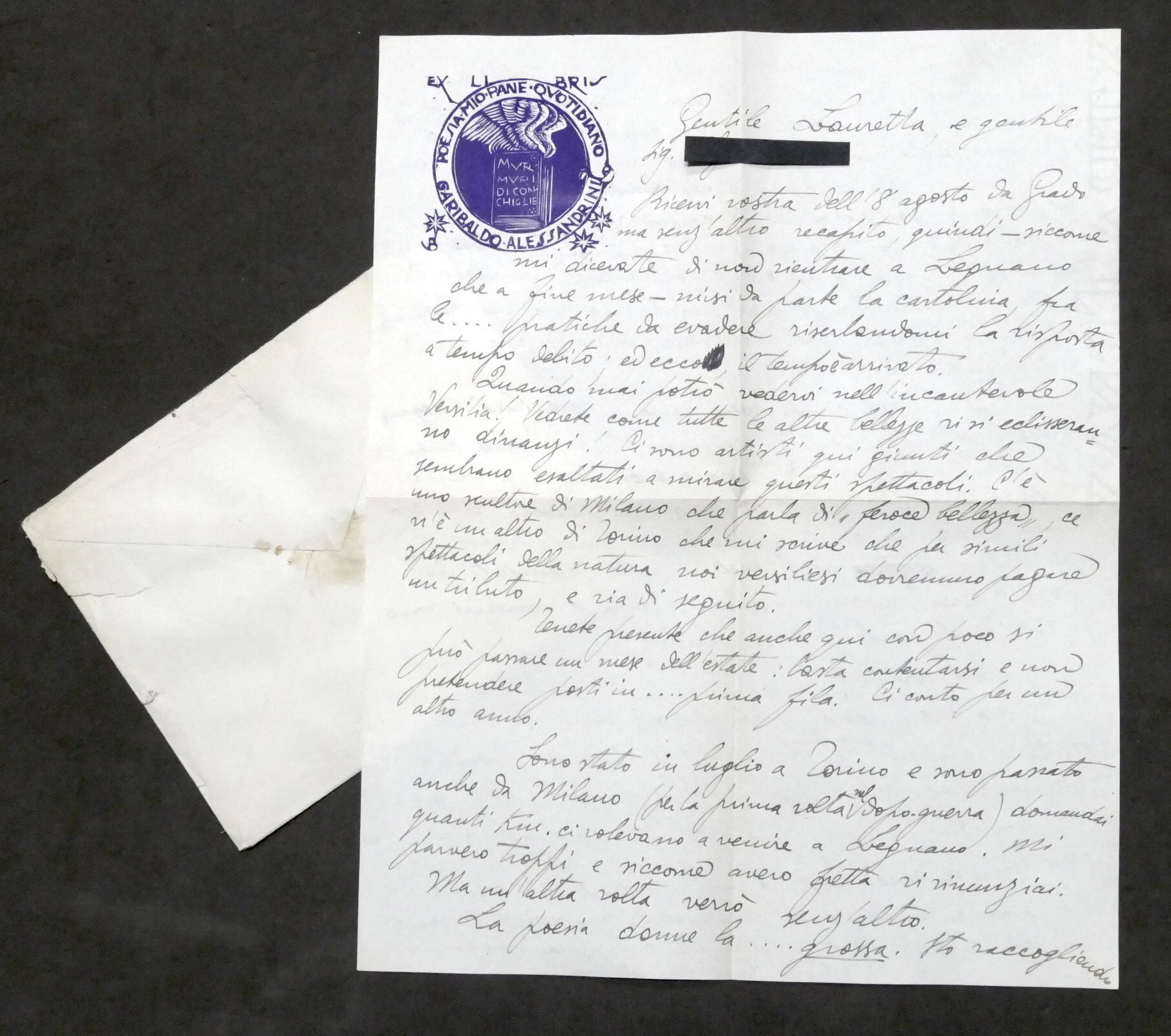 Lettera manoscritta e autografo del poeta Garibaldo Alessandrini - 1949