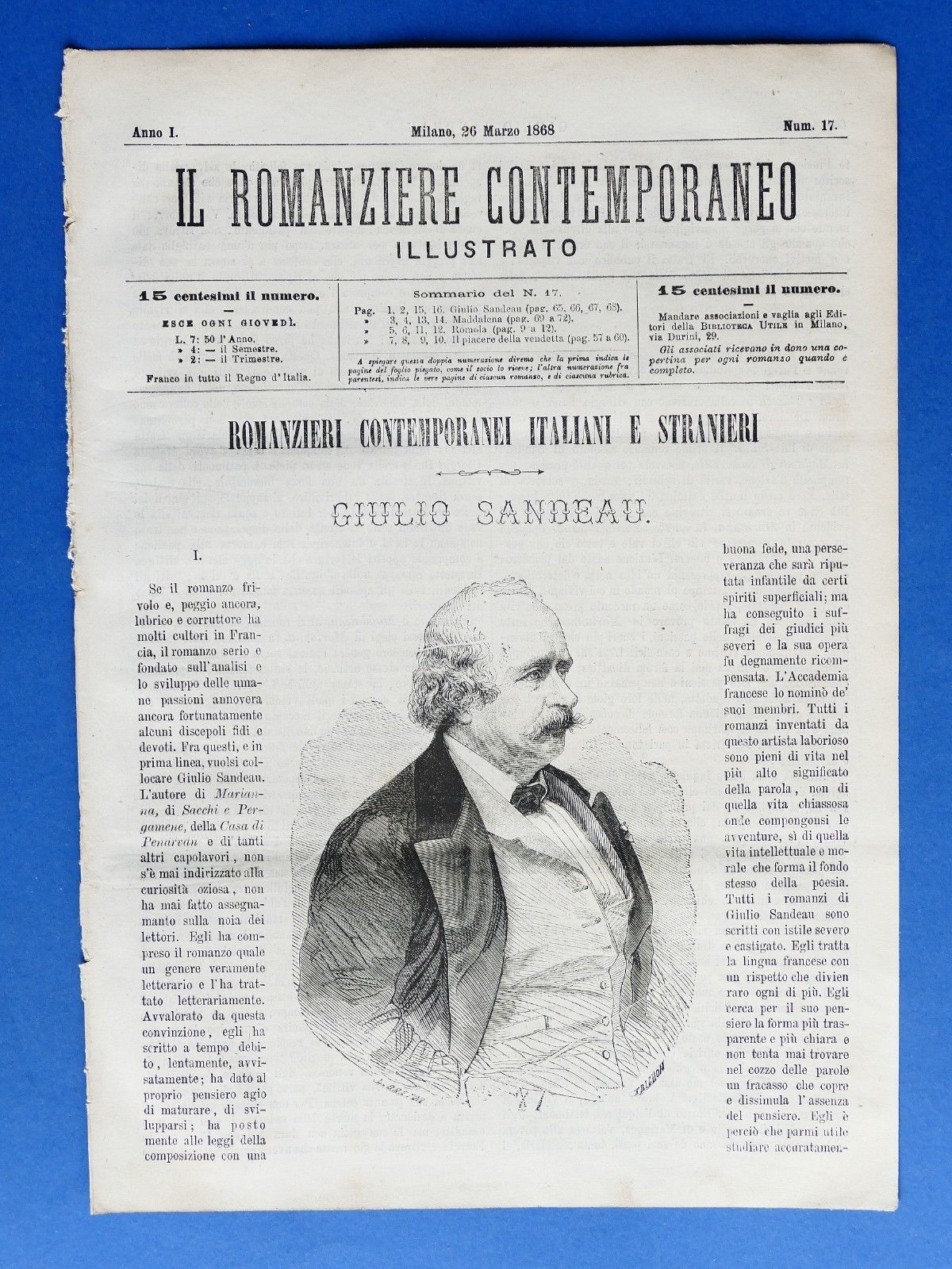 Letteratura Il romanziere contemporaneo illustrato Anno I N° 17 1868 …
