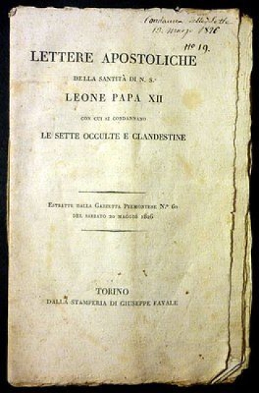 Lettere Apostoliche Leone Papa XII - Sette segrete - 1826