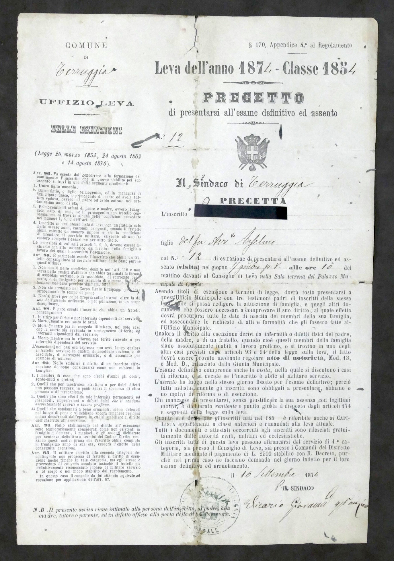 Leva dell'anno 1974 - Classe 1854 - Precetto di visita …