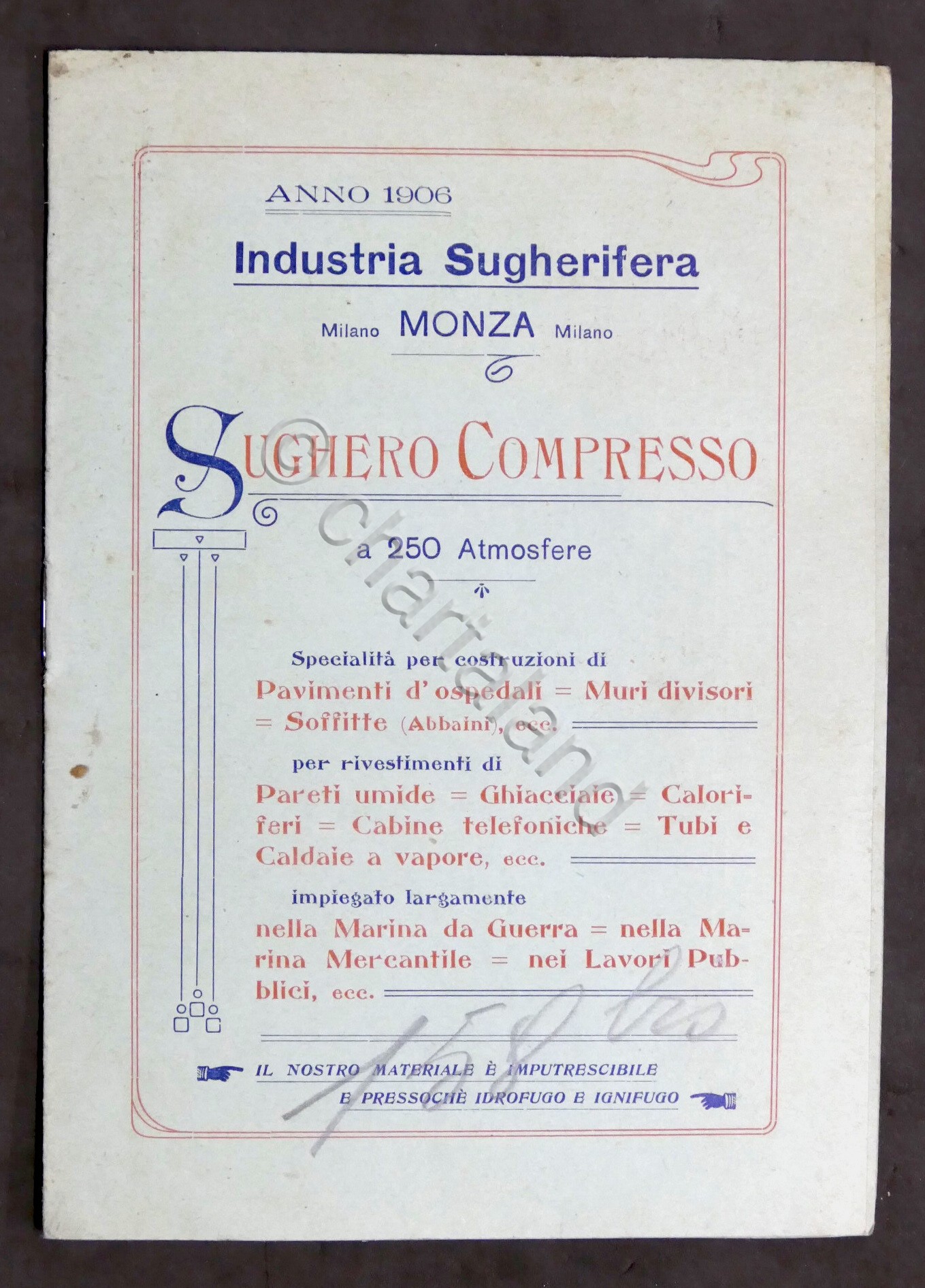 Listino Prezzi - Industria Sugherifera di Monza - Anno 1906