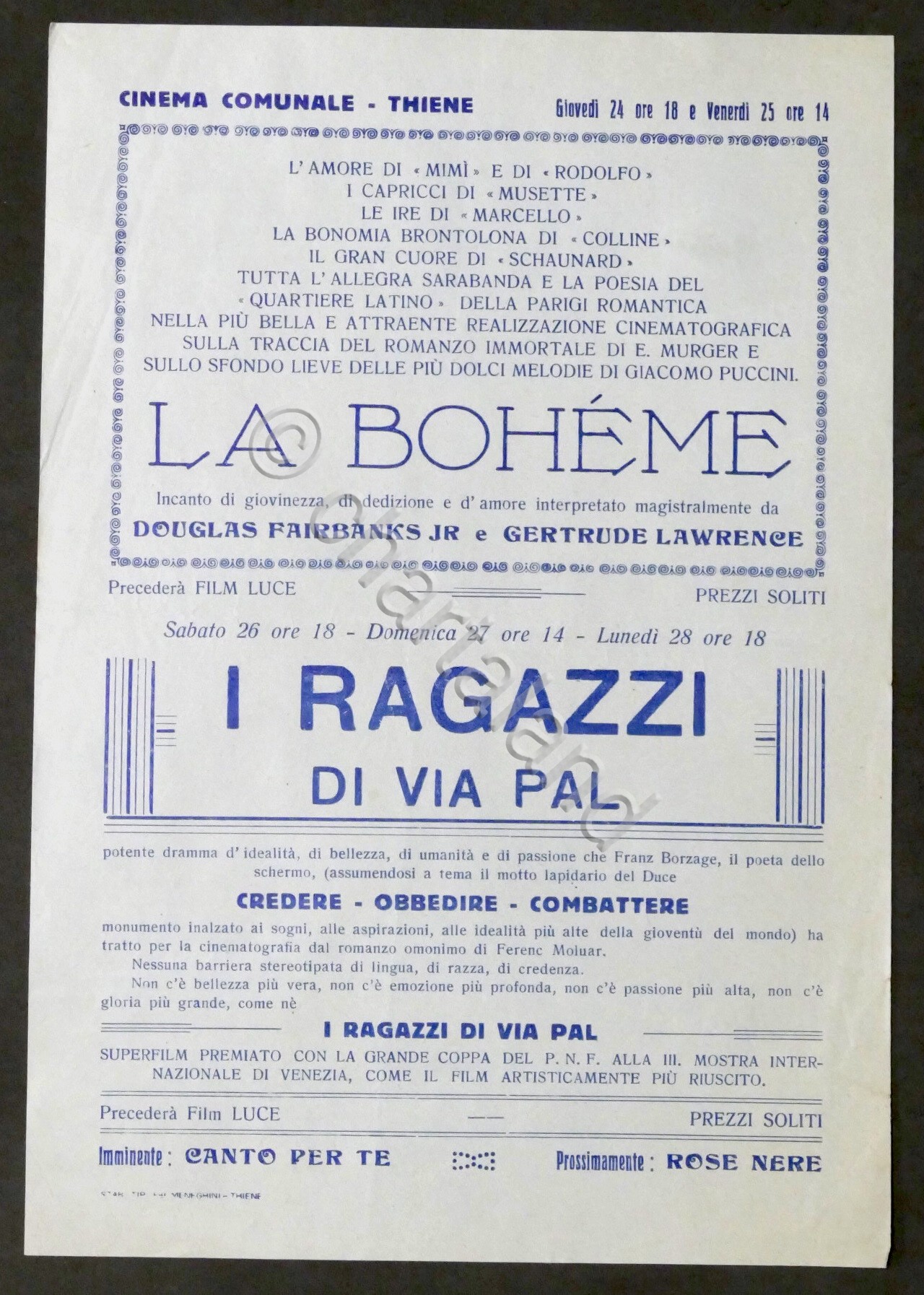Locandina Cinema Comunale di Thiene - La Boheme / I …