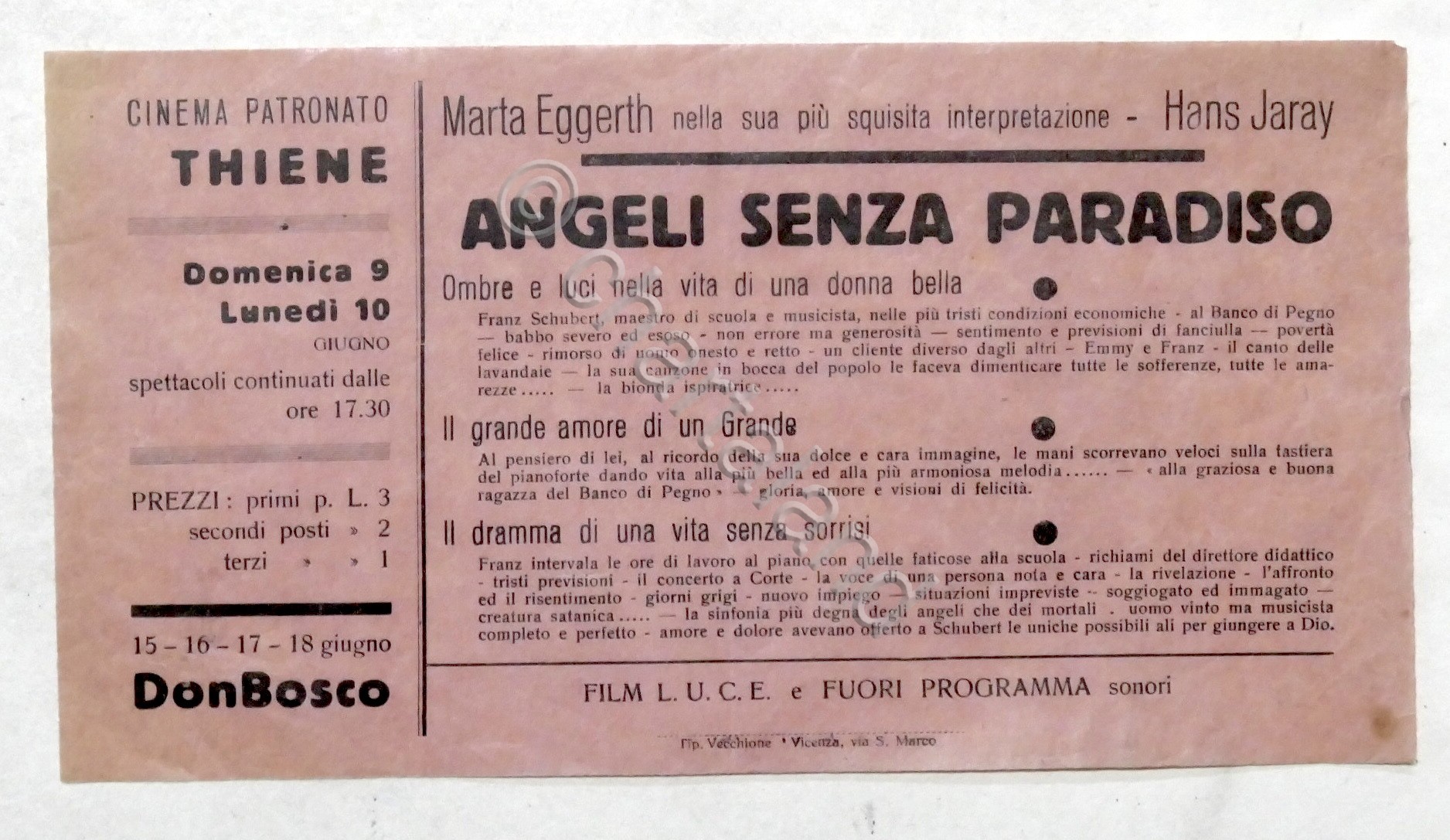 Locandina Cinema Patronato di Thiene - Film Angeli senza Paradiso …