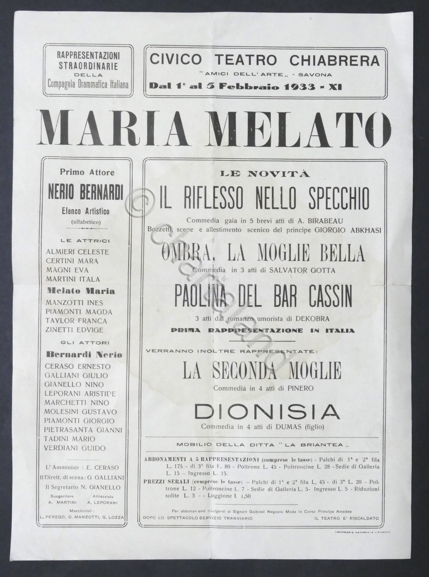 Locandina civico Teatro Chiabrera di Savona - Maria Melato - …