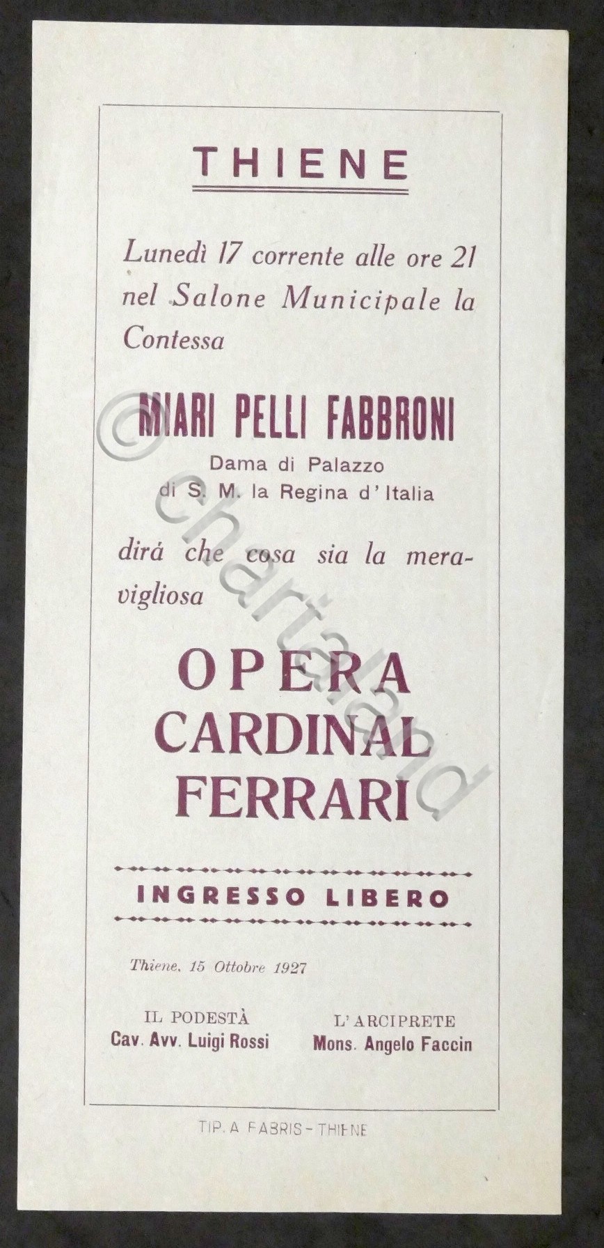 Locandina Salone Municipale di Thiene - Opera Cardinal Ferrari - …
