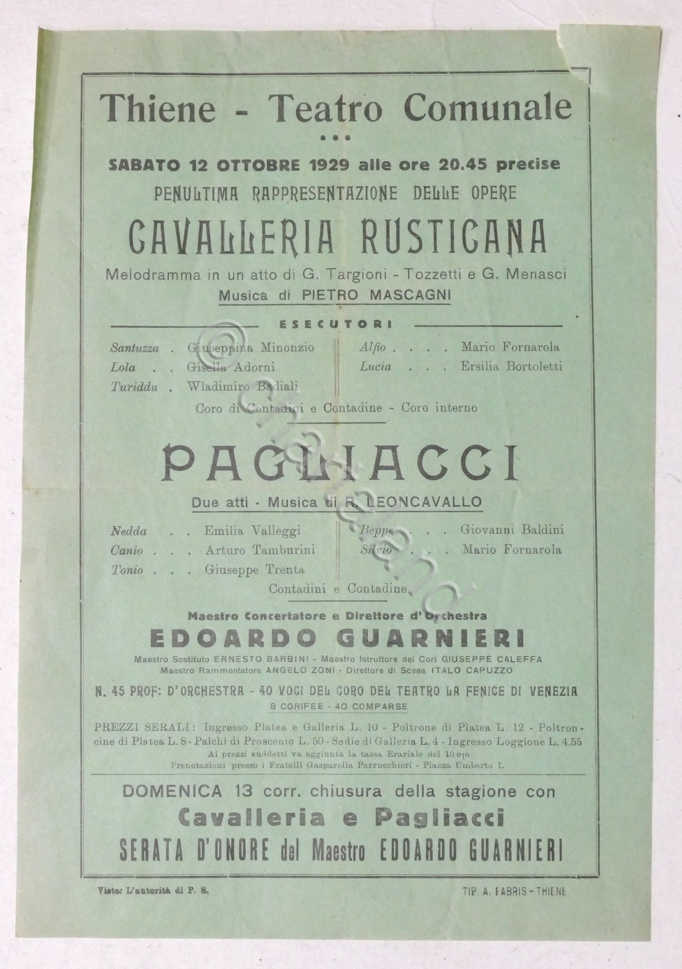 Locandina Teatro Comunale di Thiene Opere Cavalleria Rusticana / Pagliacci …