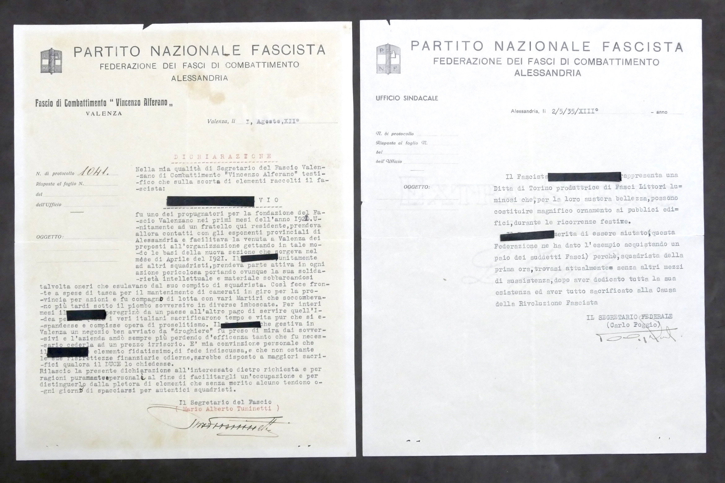 Lotto 2 Autografi Segretari Fasci Combattimento Alessandria / Valenza 1934 …