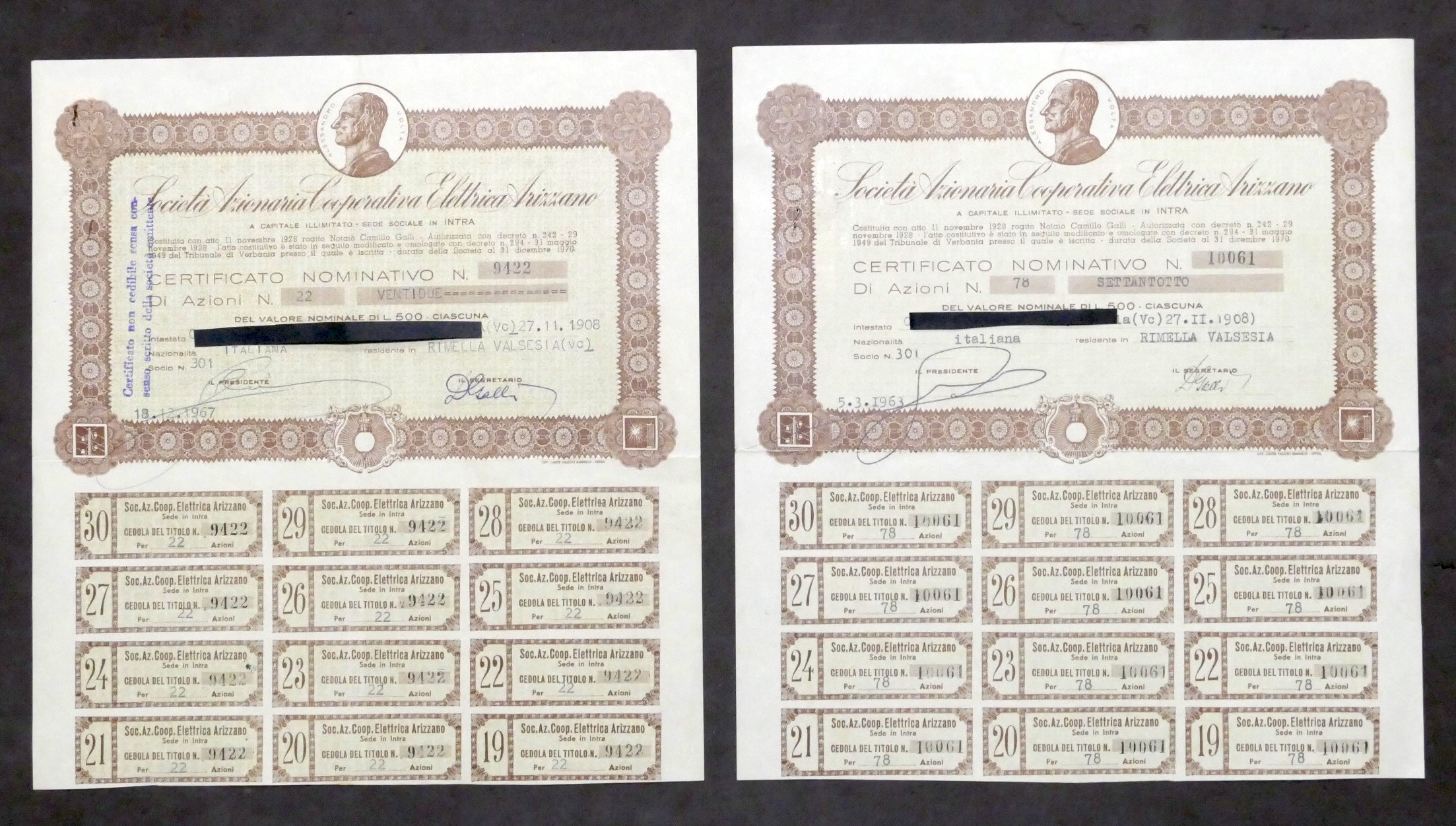 Lotto 2 certificati azionari Società Cooperativa Elettrica Arizzano 1963 / …