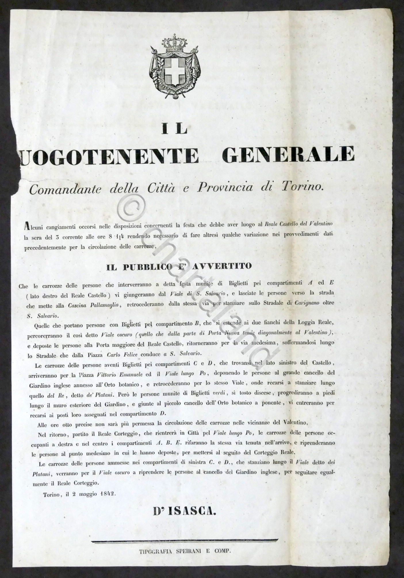 Luogotenente di Torino - Avviso per la circolazione delle carrozze …
