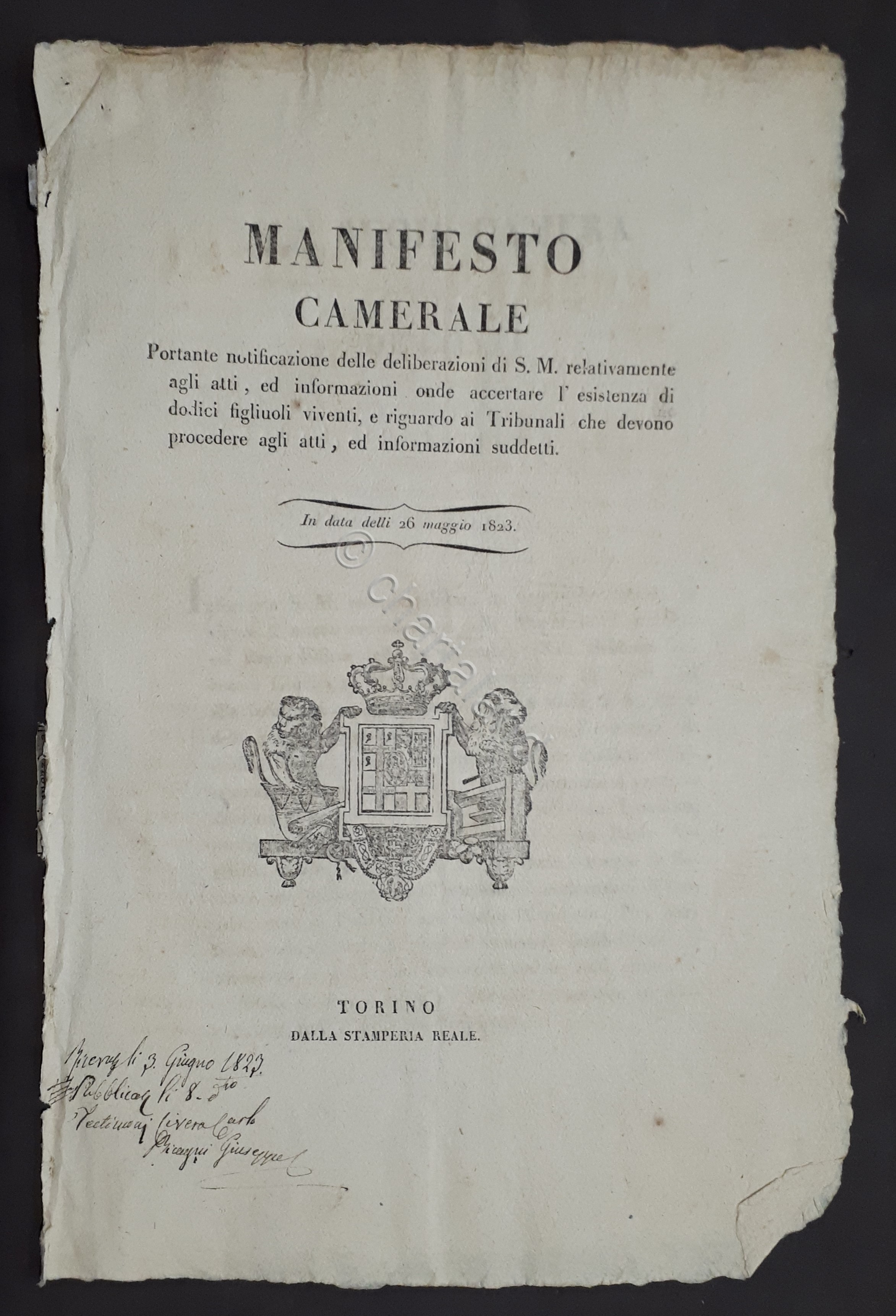 Manifesto Camerale - Accertare esistenza di dodici figlioli viventi - …