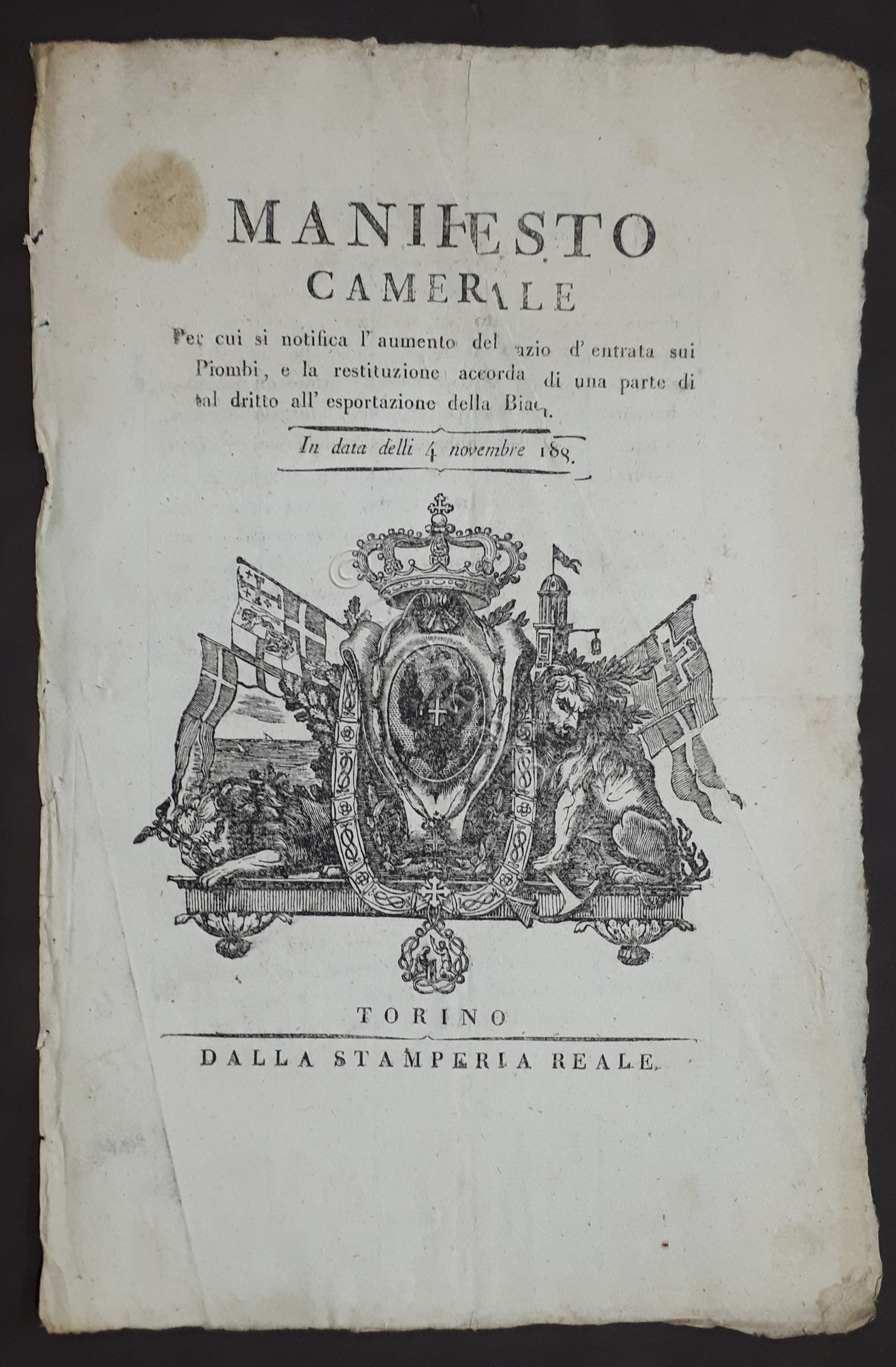 Manifesto Camerale - Dazio entrata sui Piombi e esportazione della …