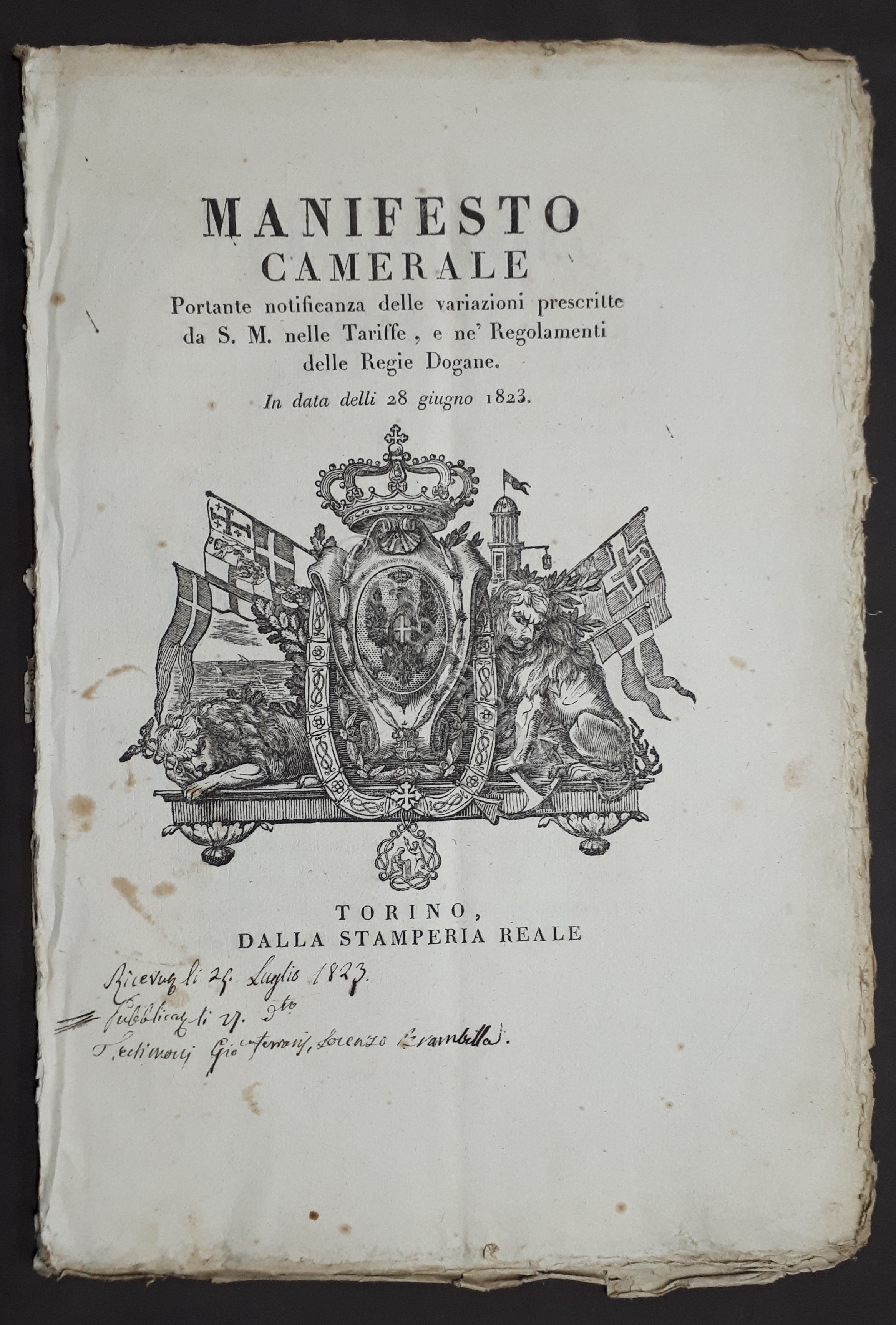 Manifesto Camerale - Notificanza da S. M. Regolamenti delle Regie …