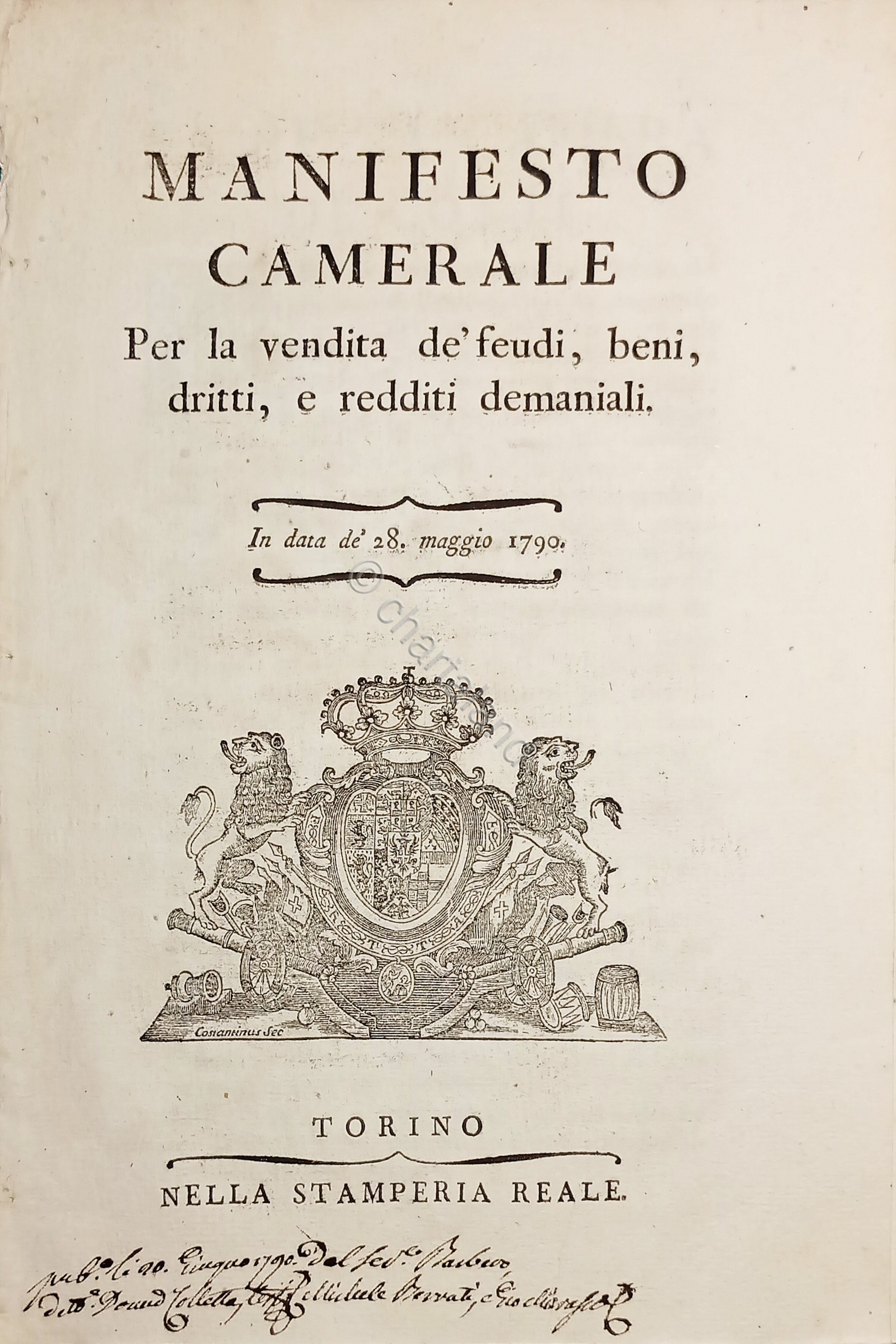 Manifesto Camerale per vendita de' Feudi Beni Dritti e Redditi …