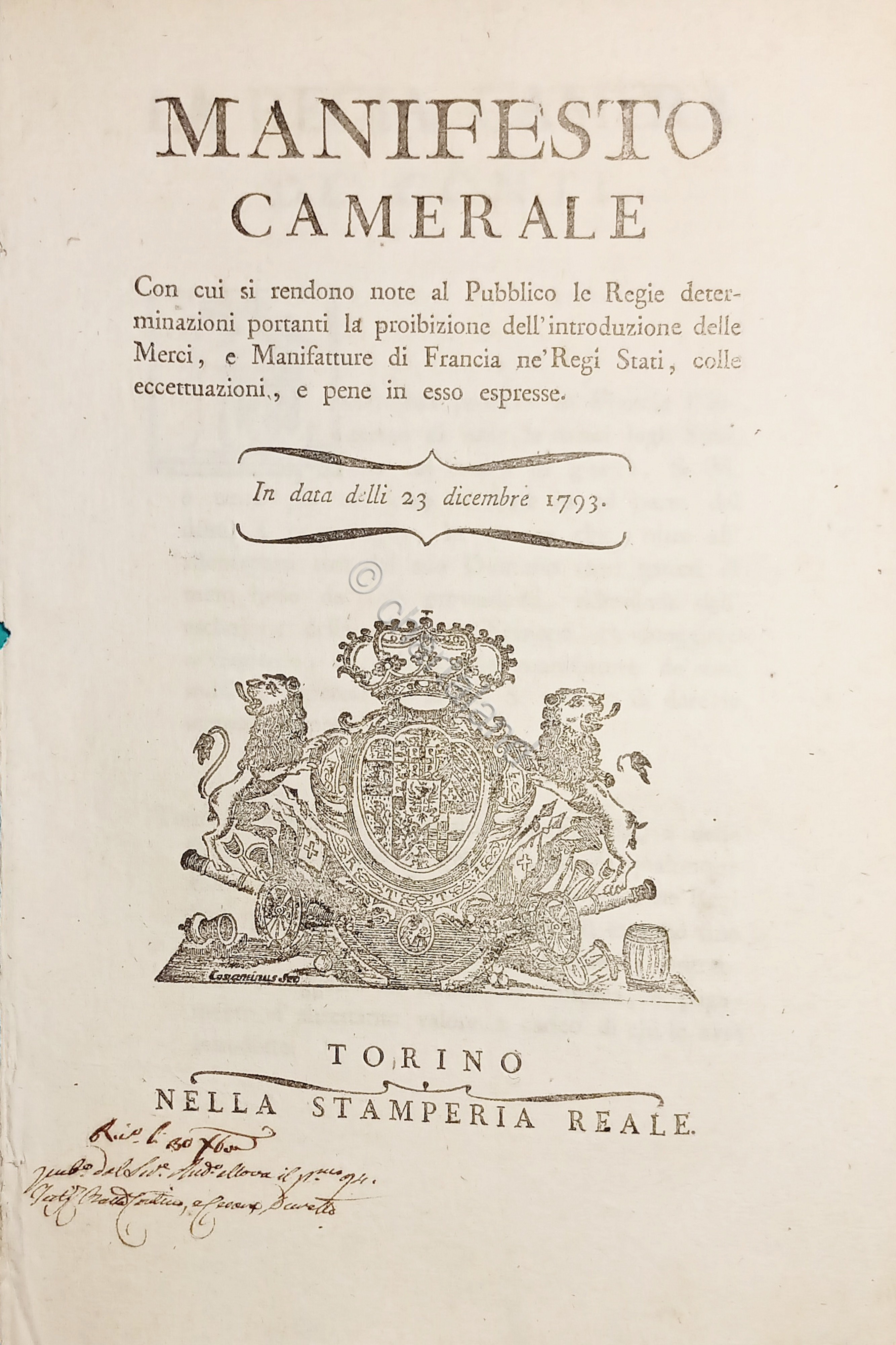 Manifesto Camerale proibizione introduzione Merci e Manifatture di Francia 1793