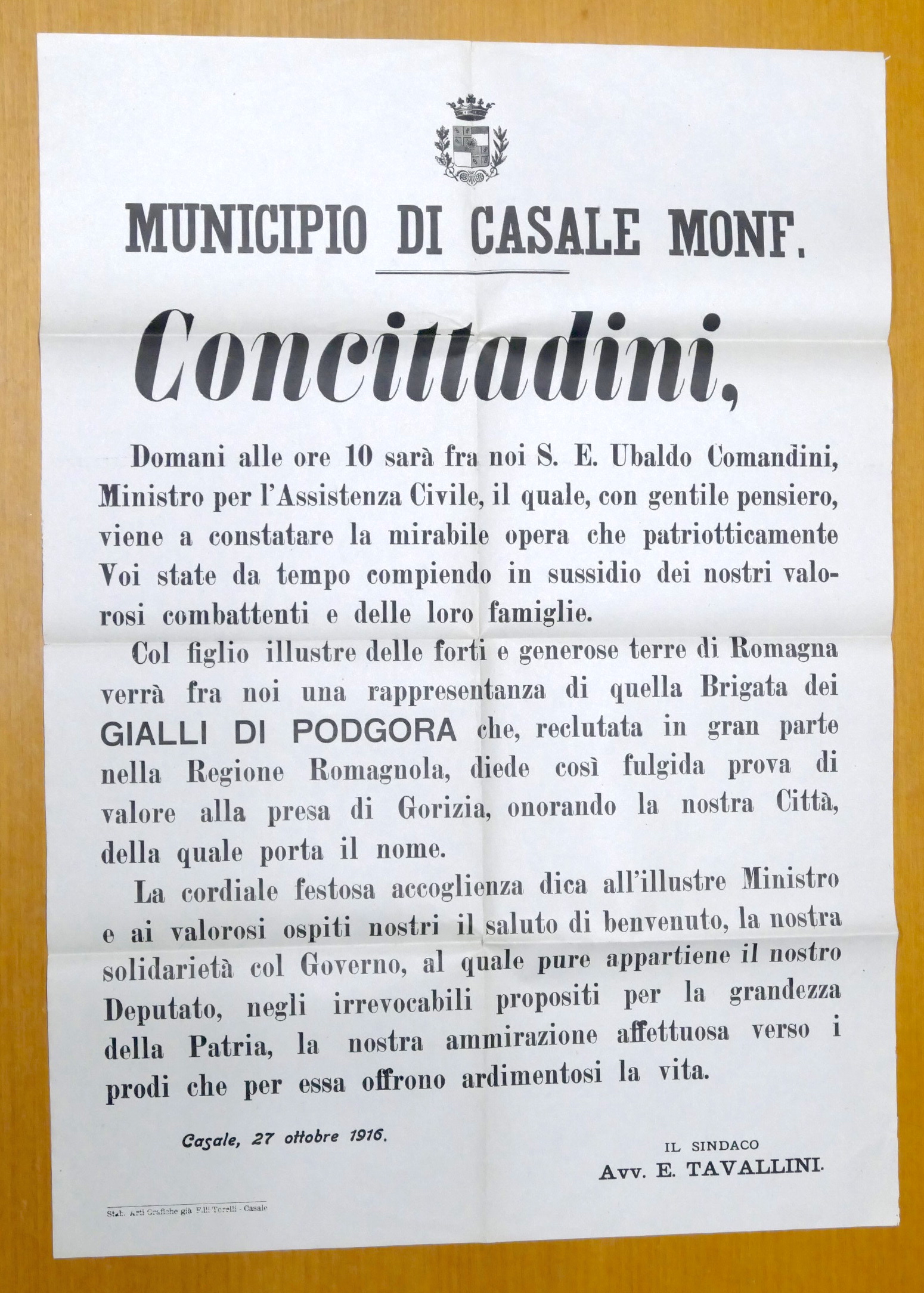 Manifesto Casale Monferrato Avviso concittadini visita ministro Comandini - 1916