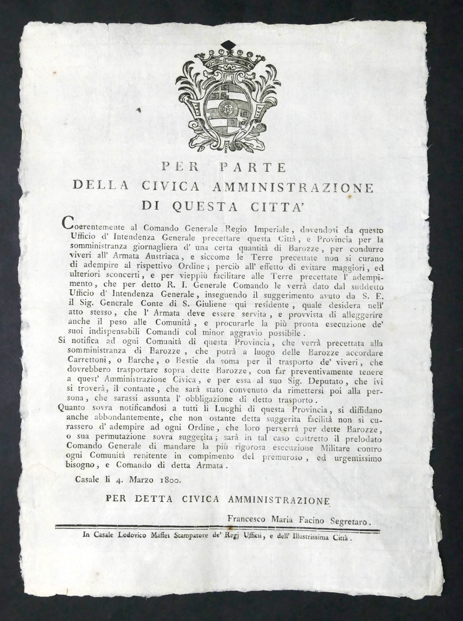 Manifesto Città di Casale Adempimento rifornimento viveri Armata Austriaca 1800