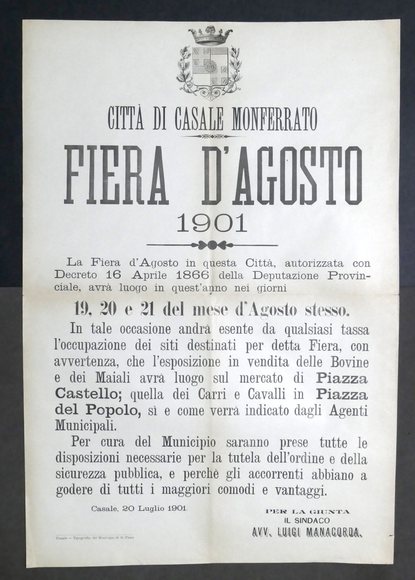 Manifesto Città di Casale Monferrato - Fiera d'Agosto - 1901