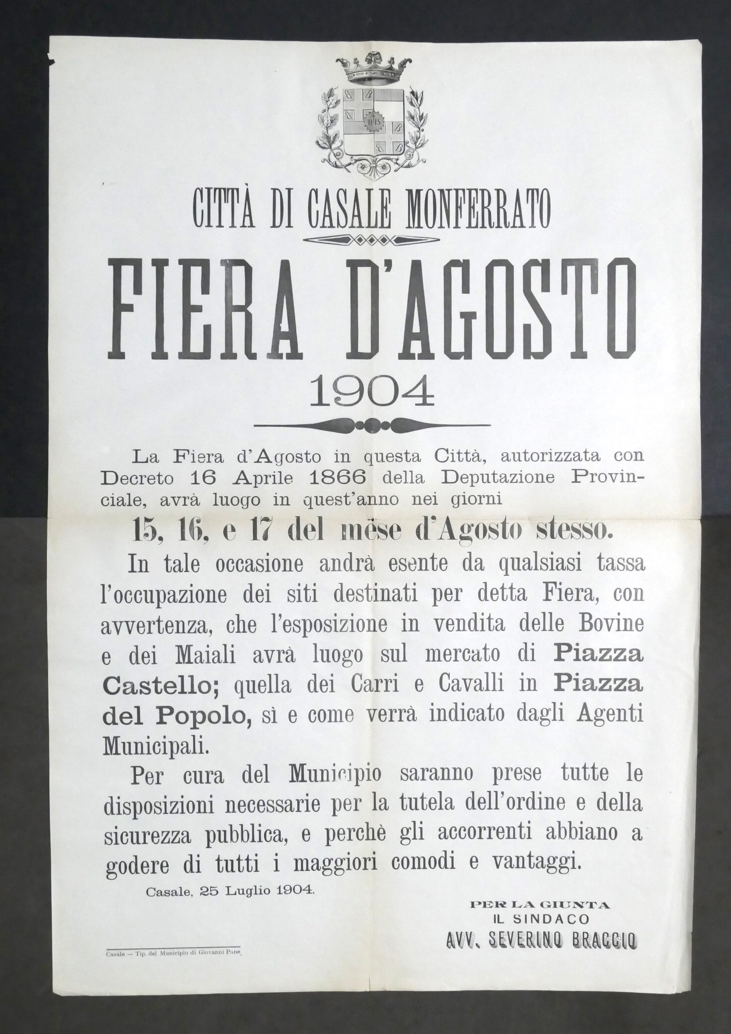 Manifesto Città di Casale Monferrato - Fiera d'Agosto - 1904