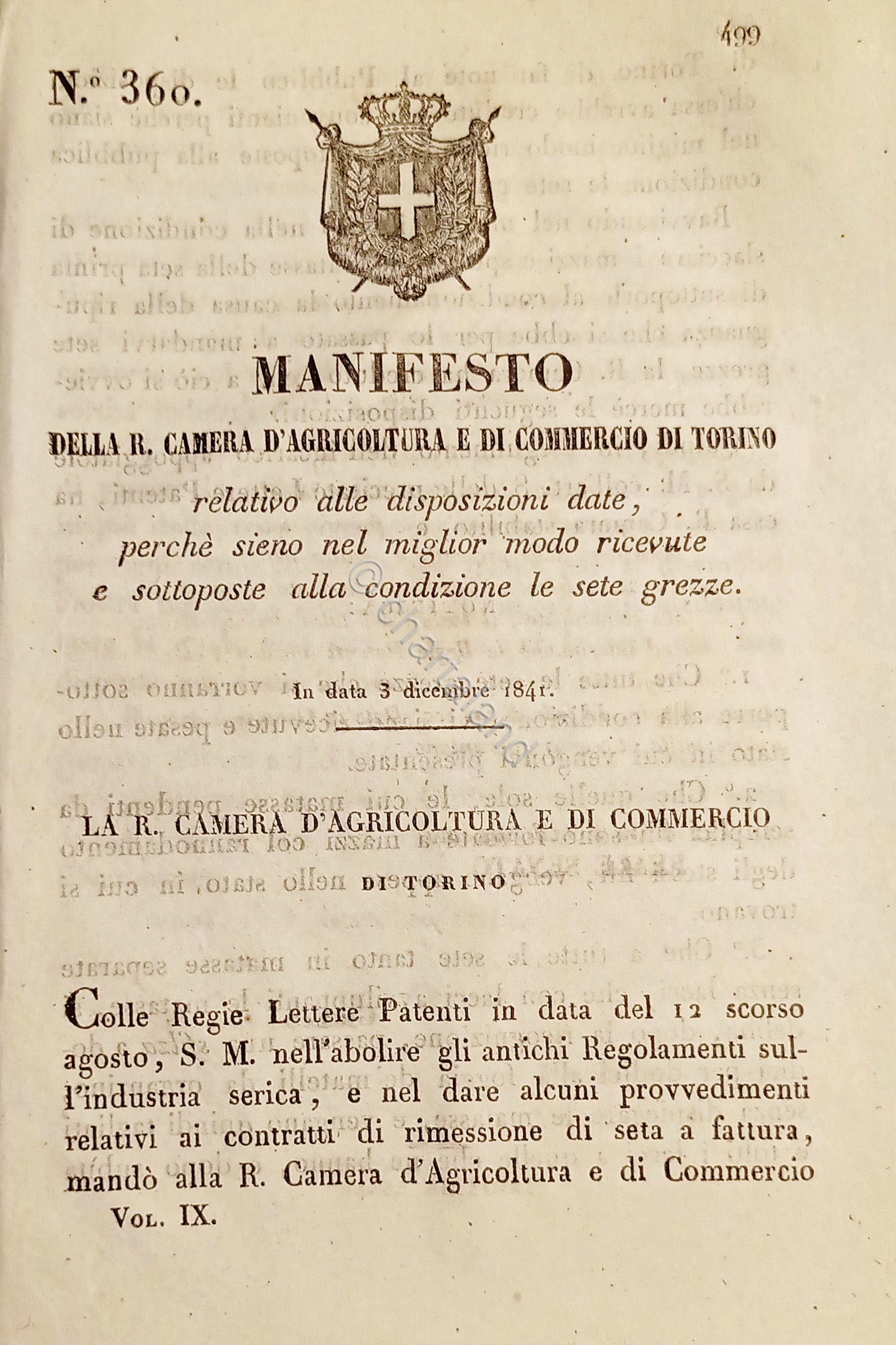 Manifesto della R. Camera d'Agricoltura e di Commercio di Torino …