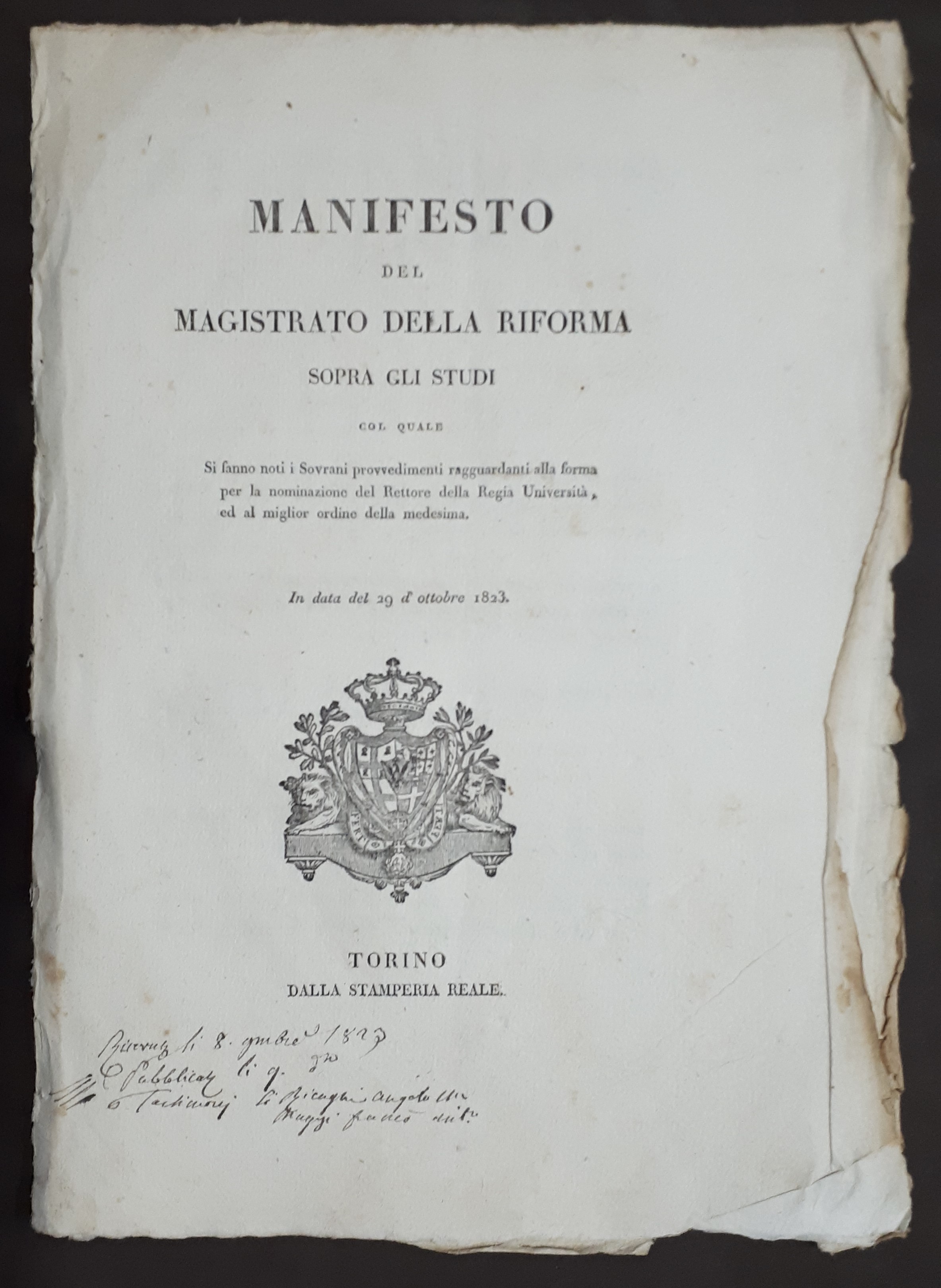 Manifesto Magistrato Riforma Studi - Denominazione Rettore Regia Università 1823