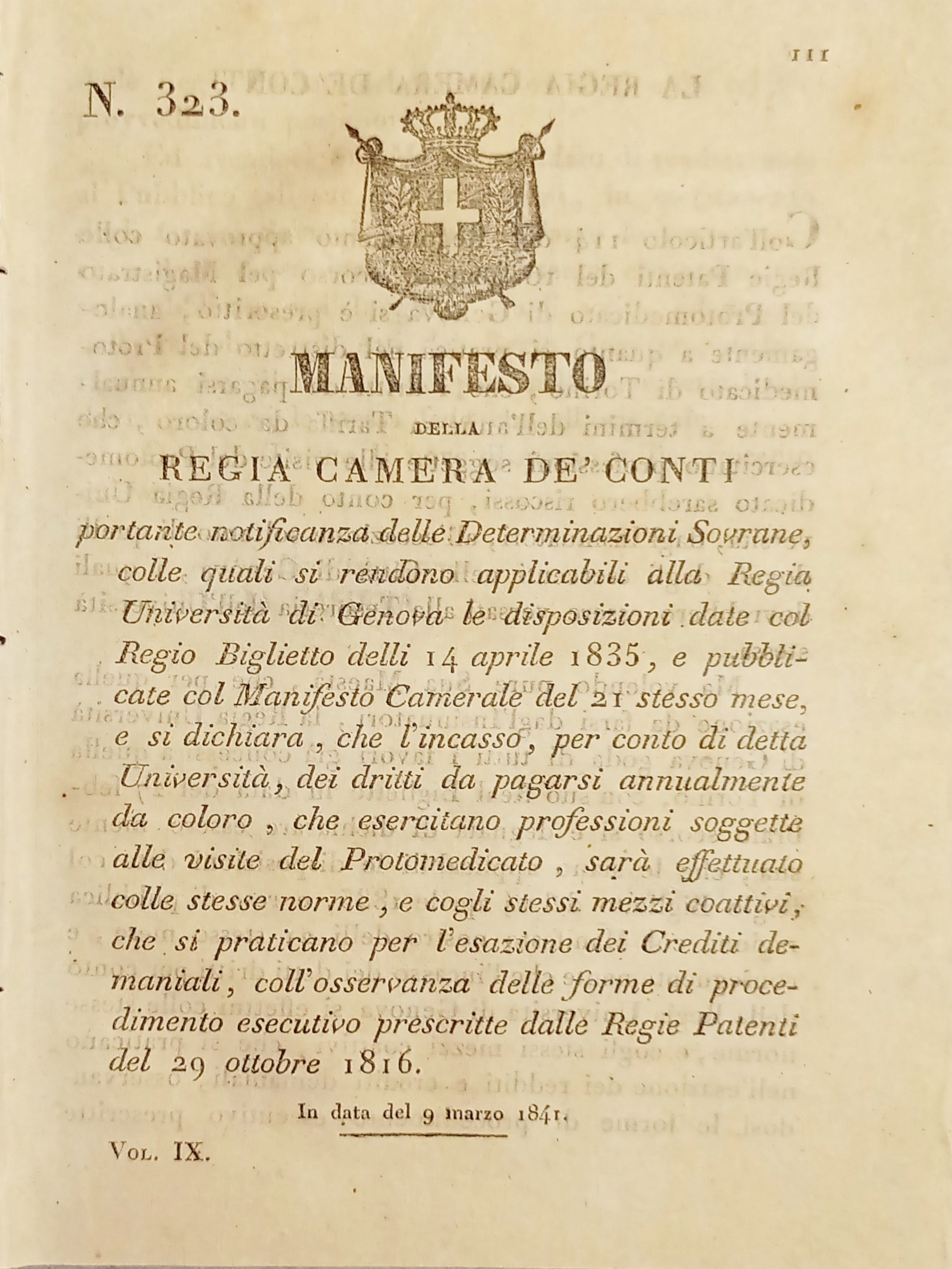 Manifesto R. Camera De' Conti - Notificanza alla Regia Università …