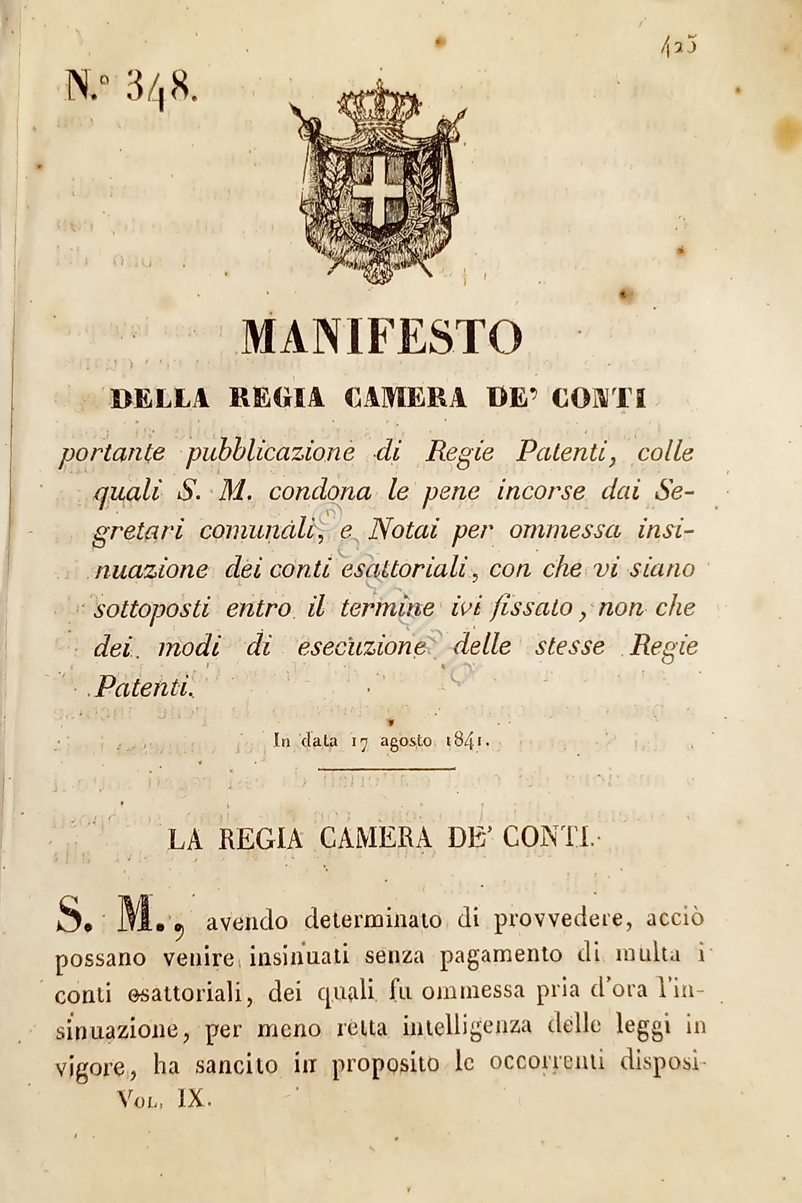 Manifesto Regia Camera De Conti - Portante pubblicazione di Regie …