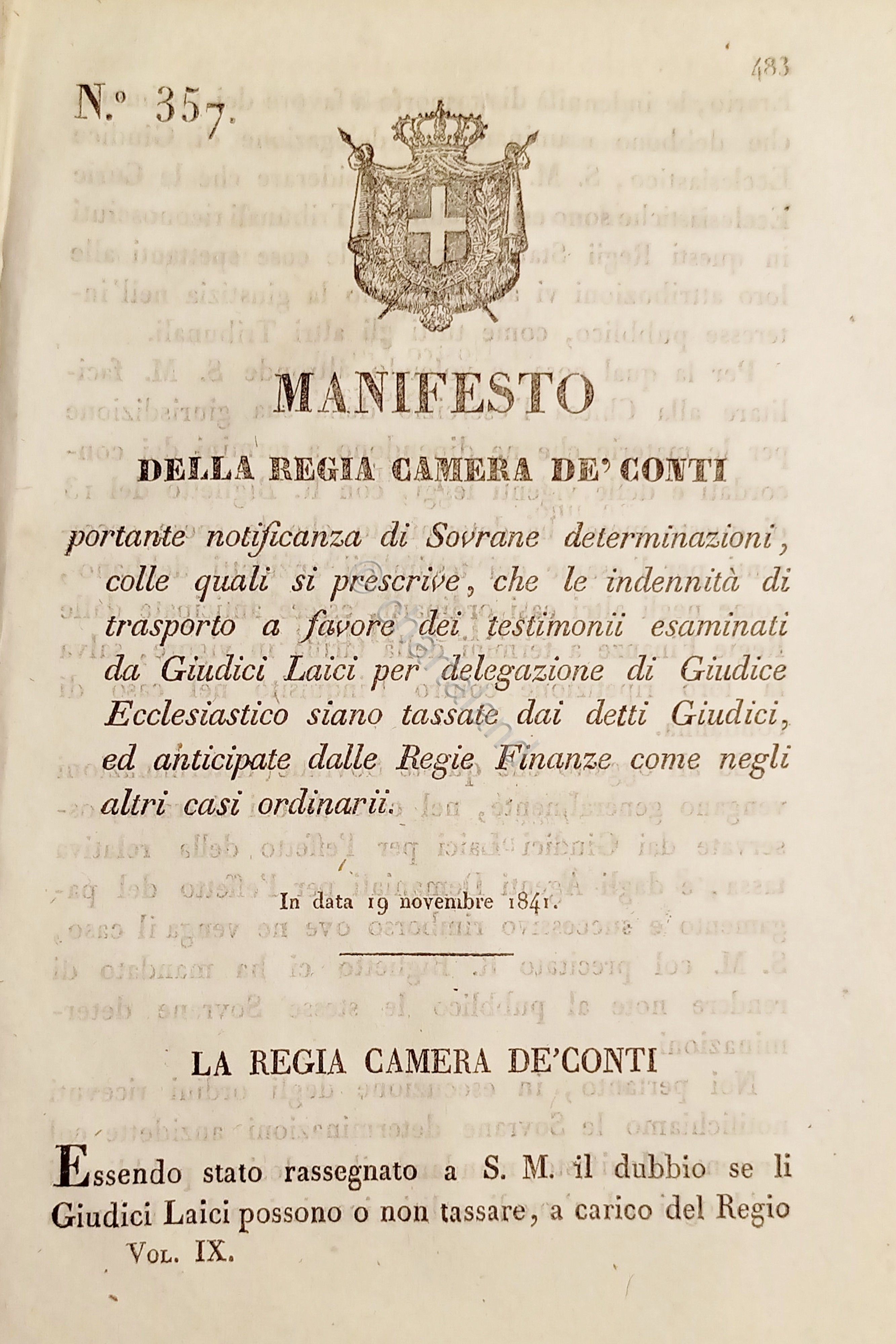 Manifesto Regia Camera De Conti - Trasporto a favore testimoni …