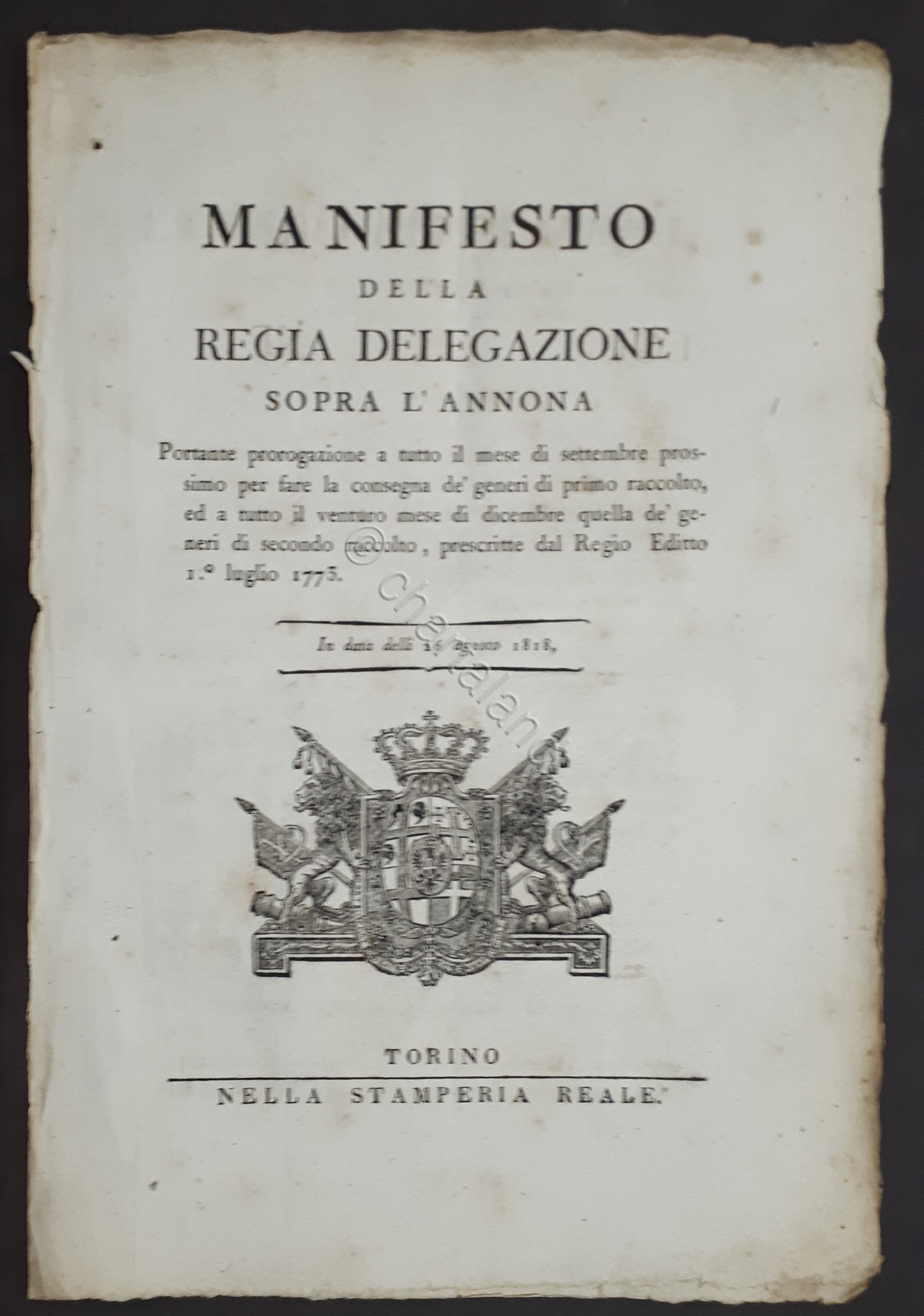 Manifesto Regia Delegazione sopra l'annona - Consegna generi primo raccolto …
