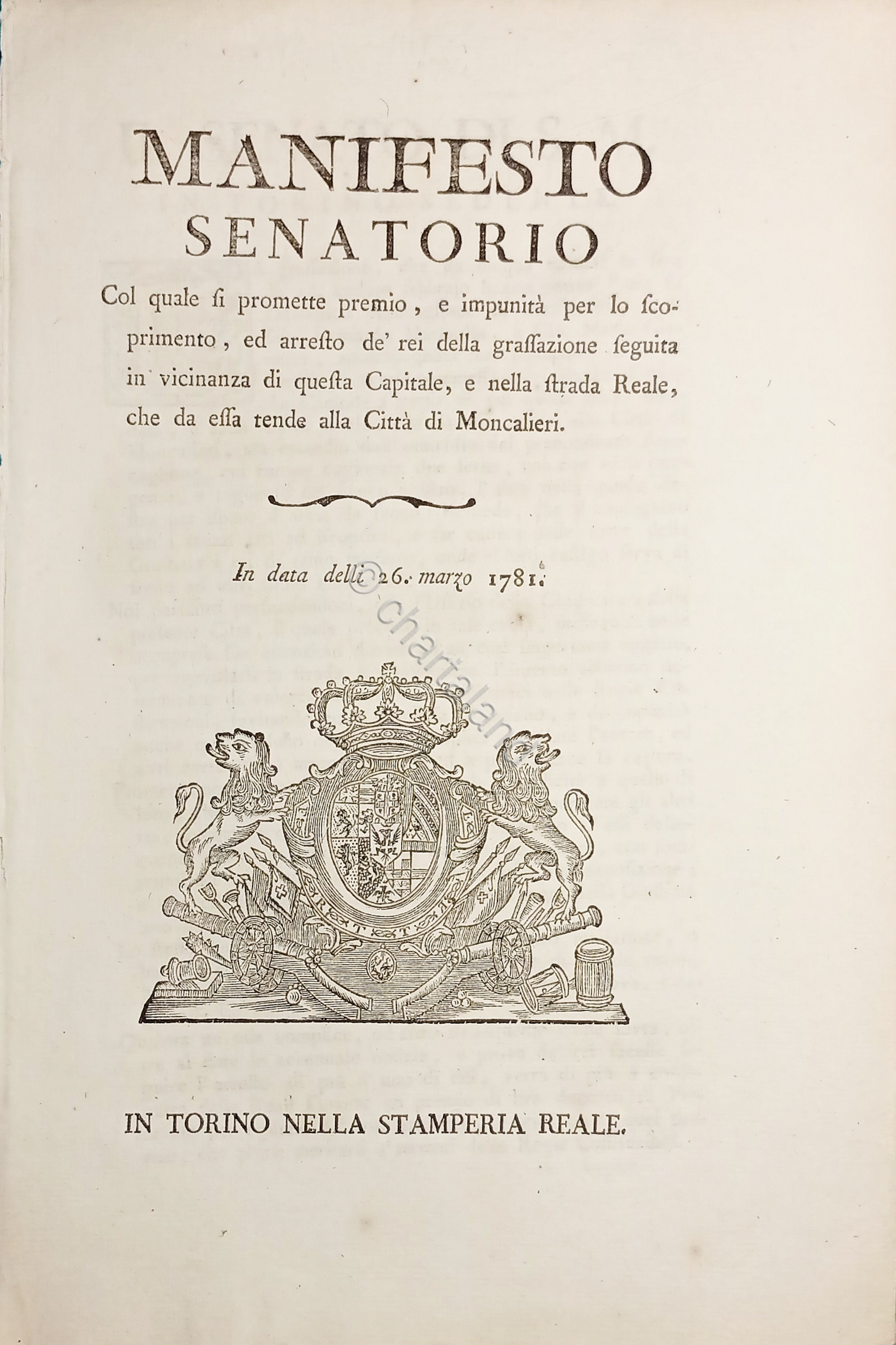 Manifesto Sanatorio premio per arresto rapinatori strada Moncalieri - 1781