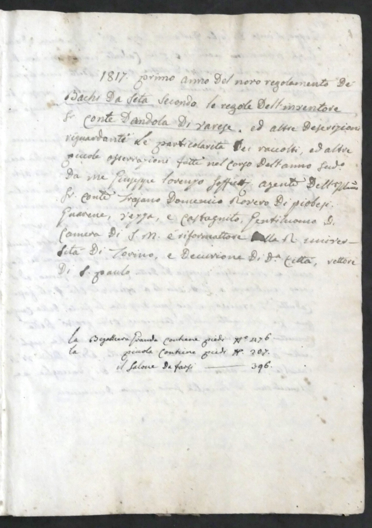 Manoscritto sui Bachi da Seta secondo le regole del Conte …