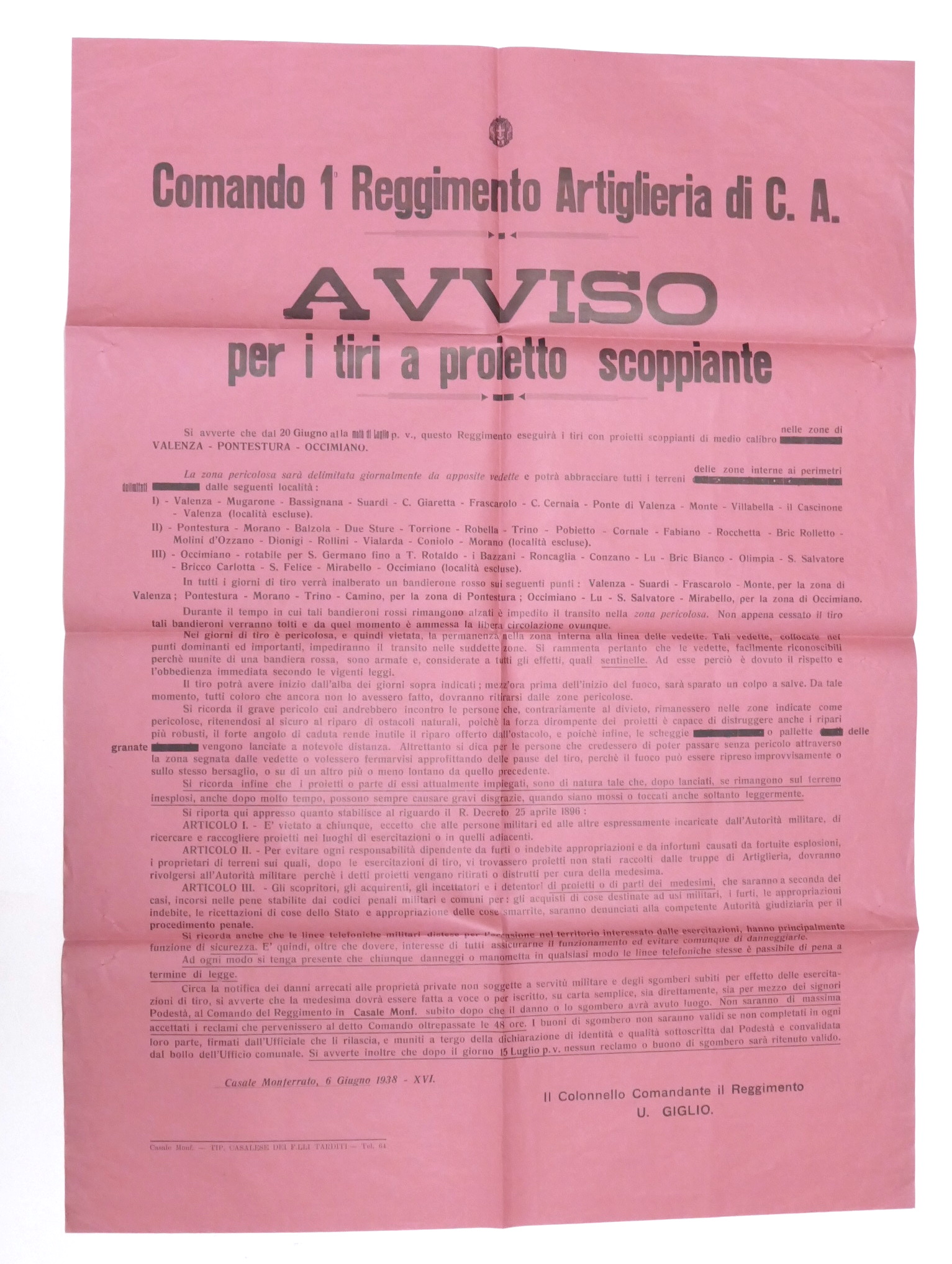 Militaria Manifesto Comando 1° Reg. Artiglieria Casale Avviso esercitazioni 1938