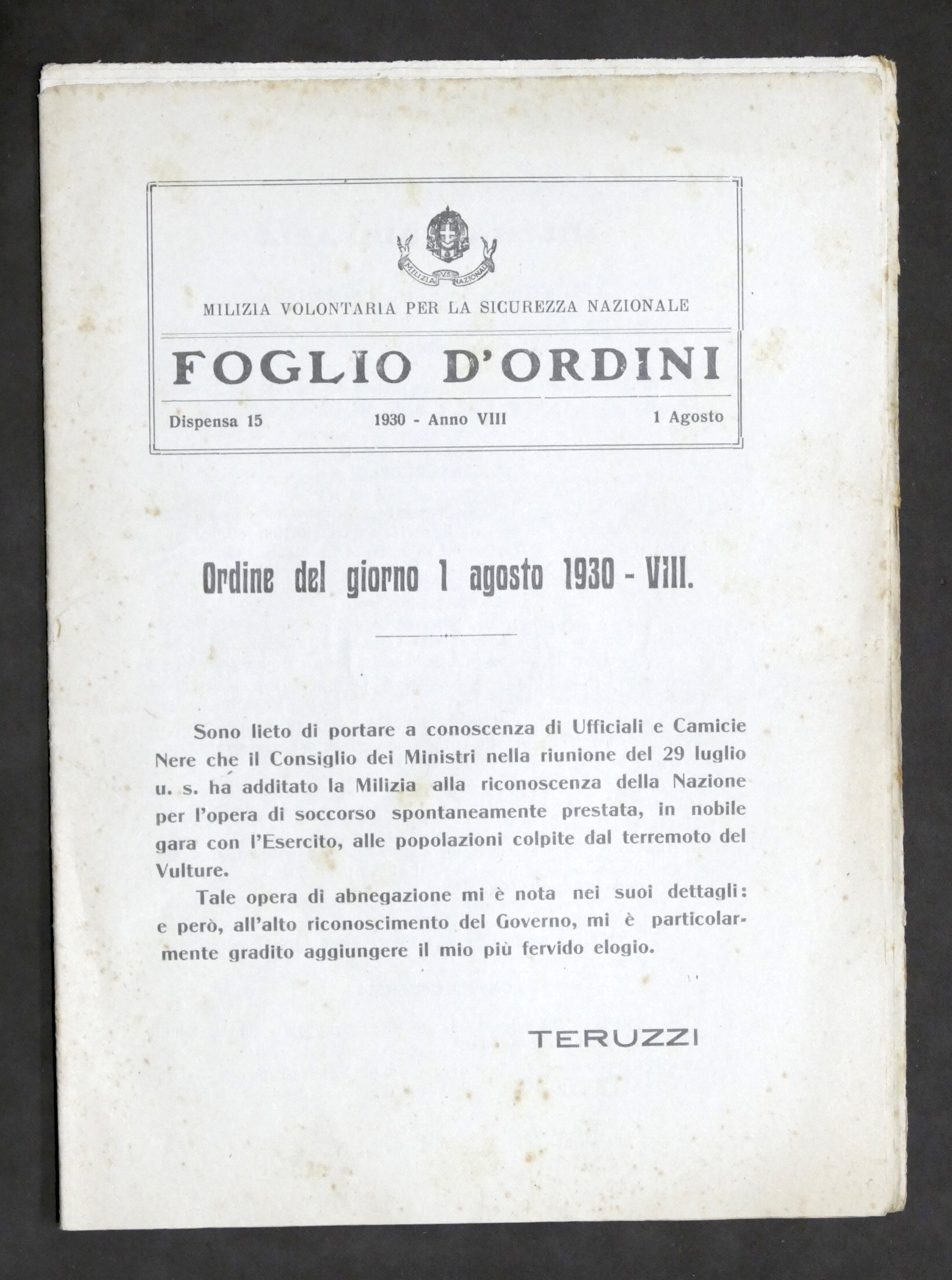 Milizia Volontaria Sicurezza Nazionale - Foglio d'Ordini - 1 agosto …