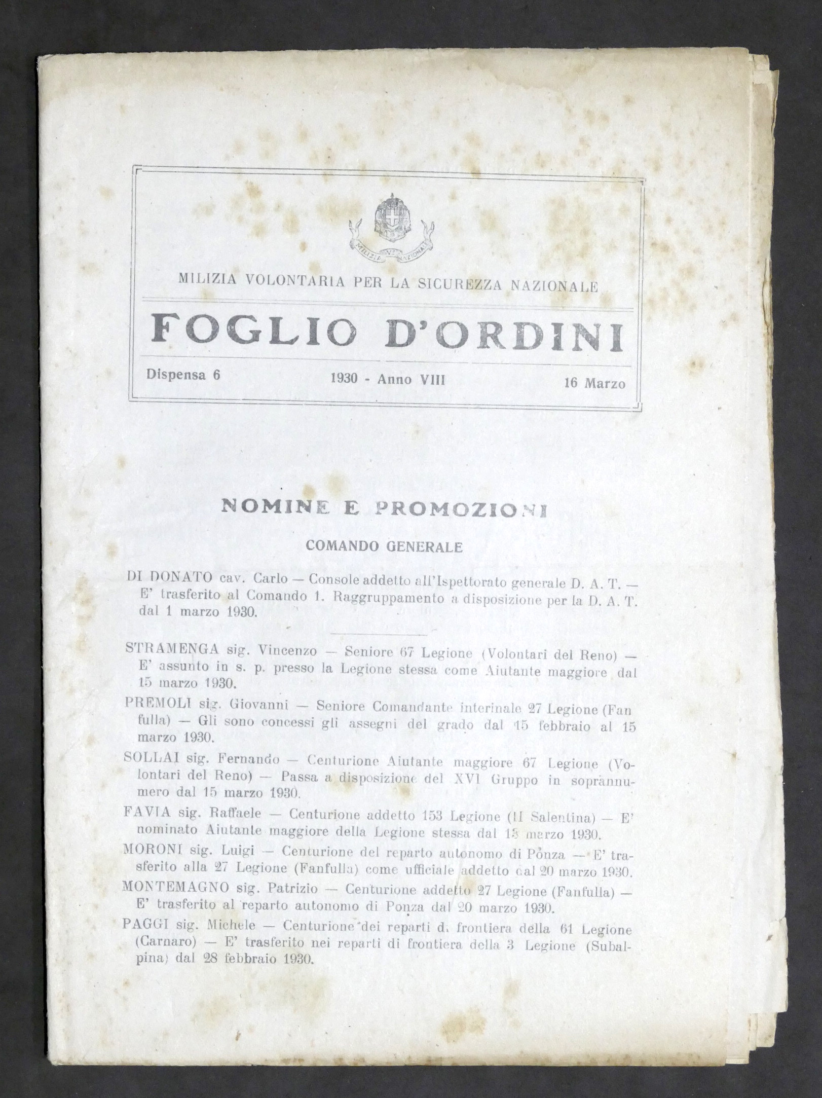 Milizia Volontaria Sicurezza Nazionale - Foglio d'Ordini - 16 marzo …