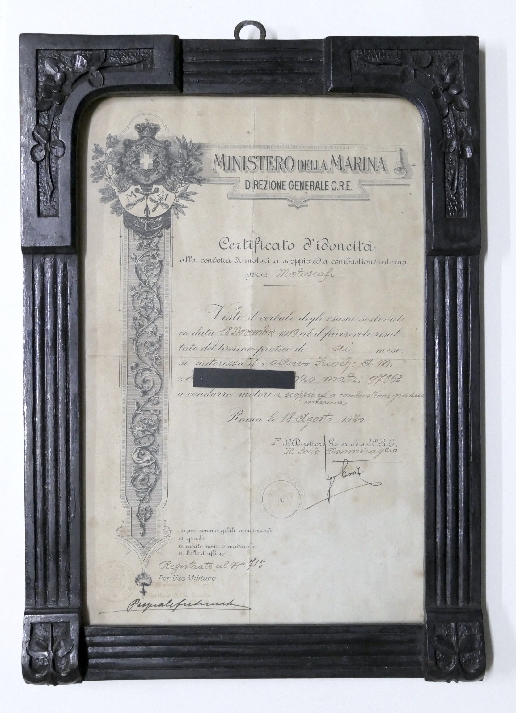 Ministero Marina - Certificato idoneità condotta motori per Motoscafi - …